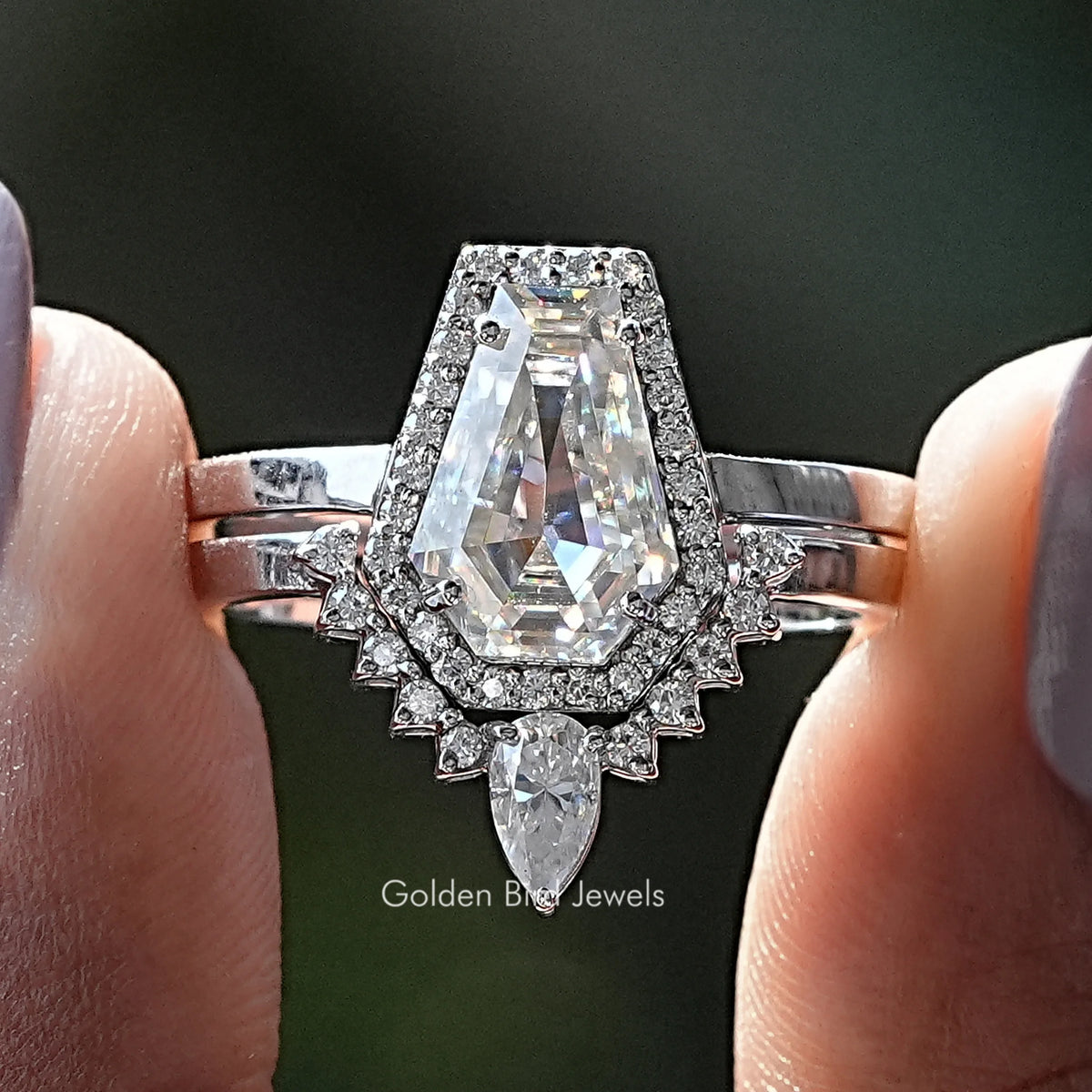 Coffin Cut Moissanite Halo Bridal Ring Set