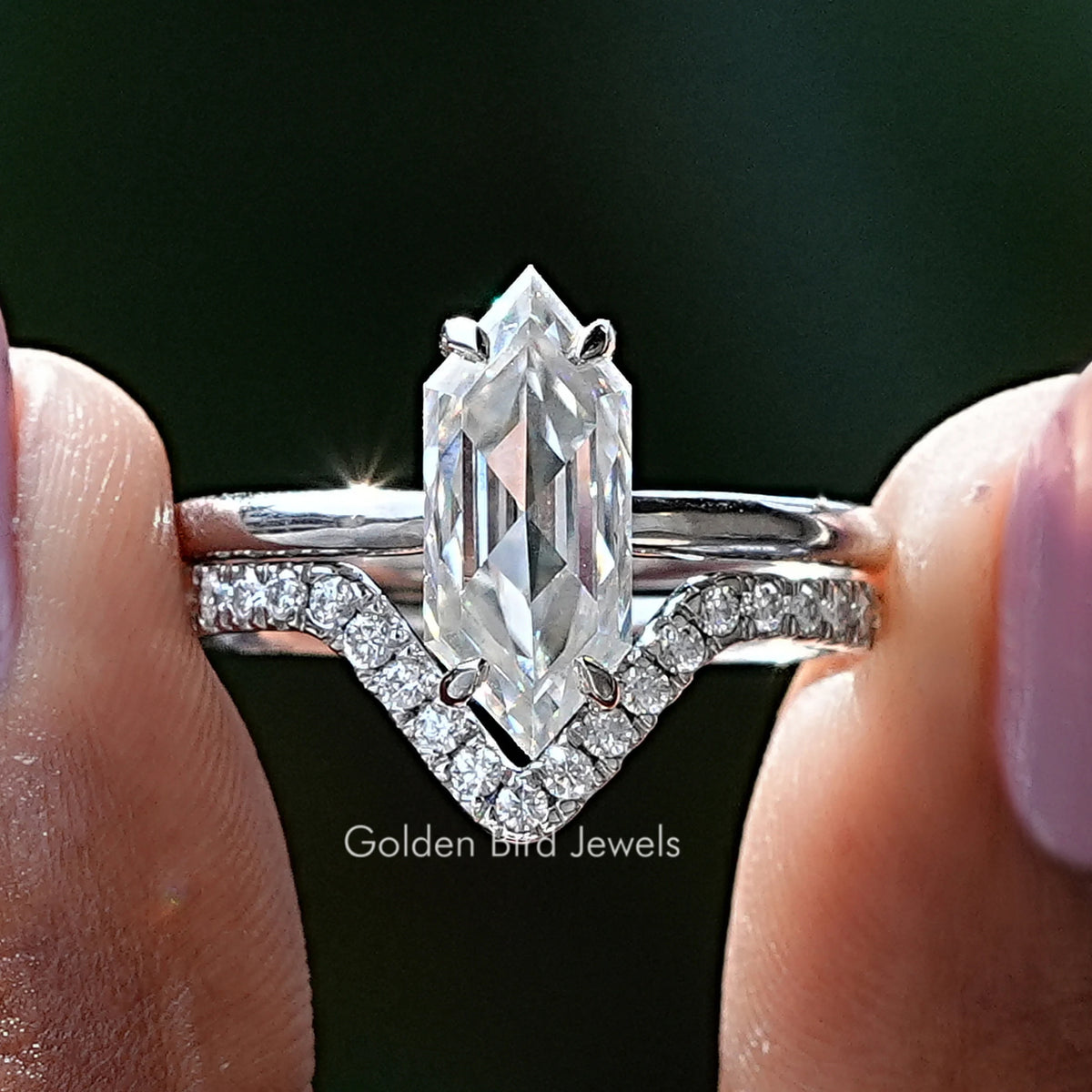 Hexagon Cut Moissanite Bridal Ring Set