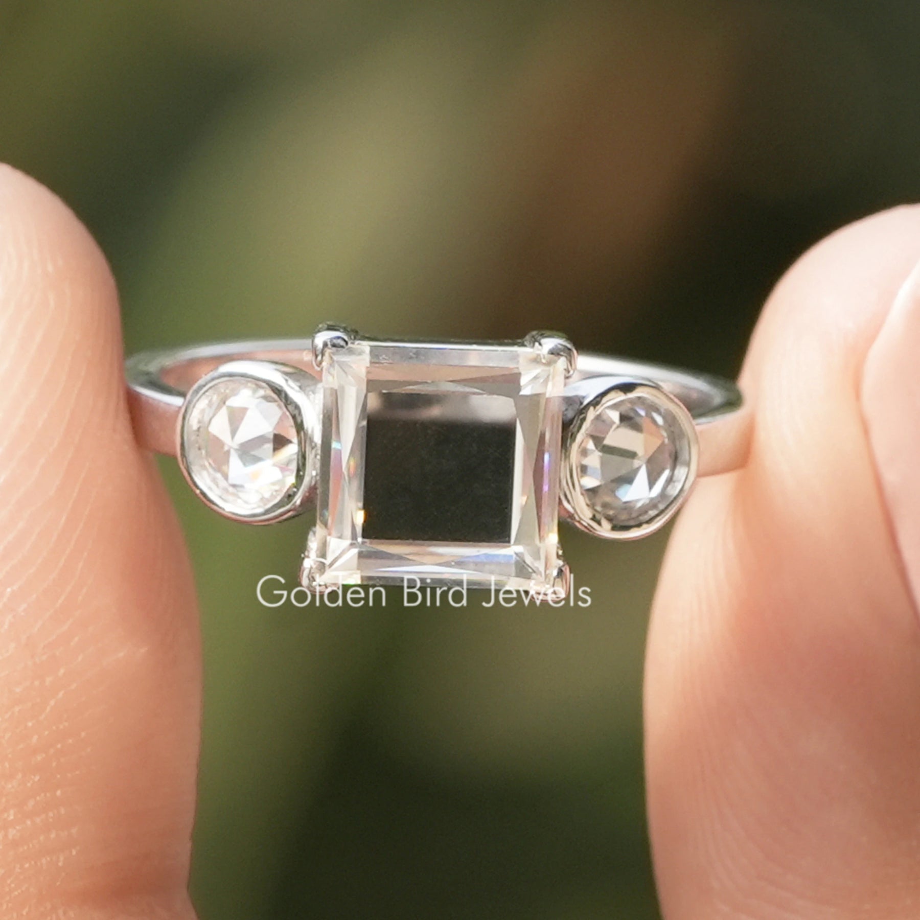 Princess And Round Cut Moissanite Three Stone Ring