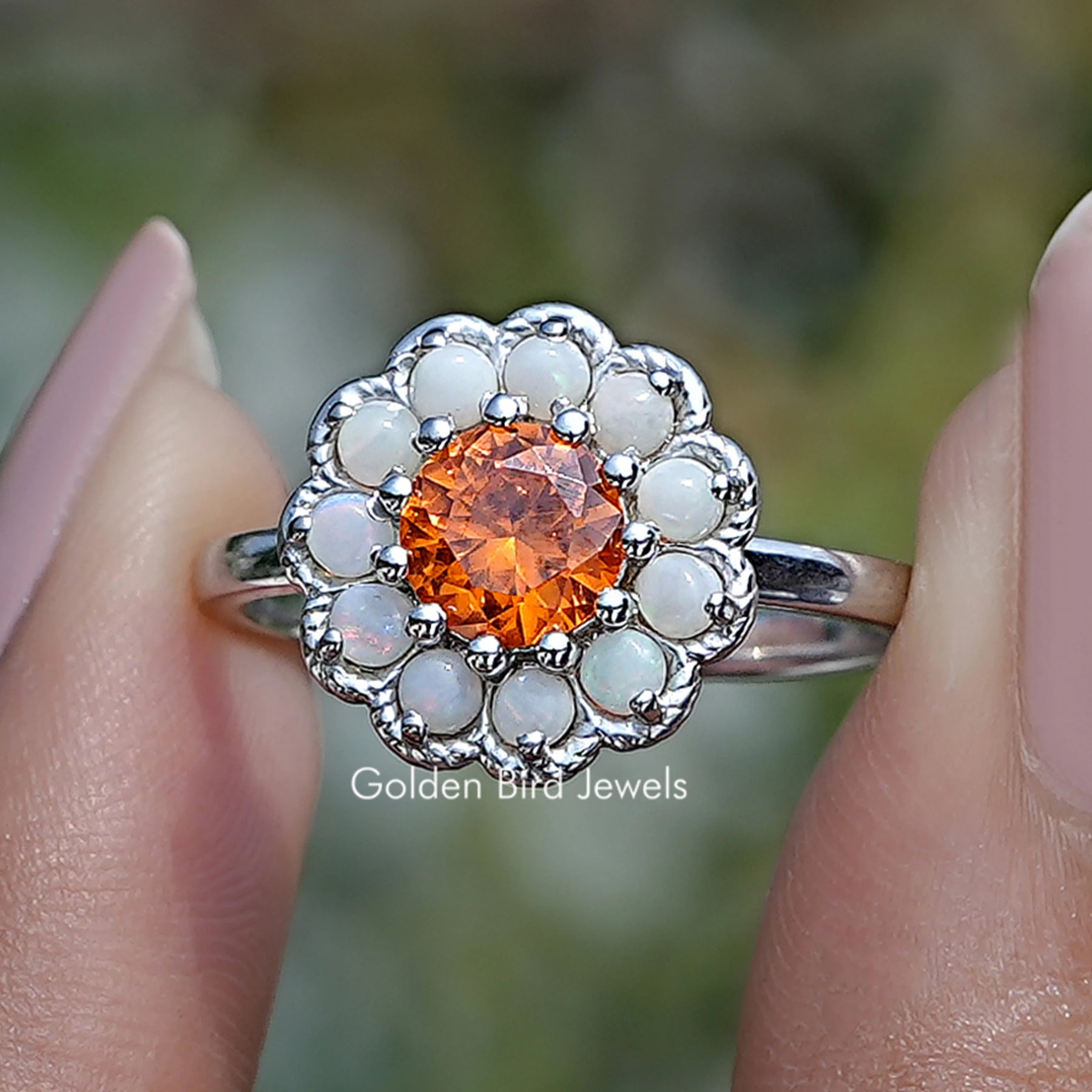 Round Cut Sunstone Halo Engagement Ring