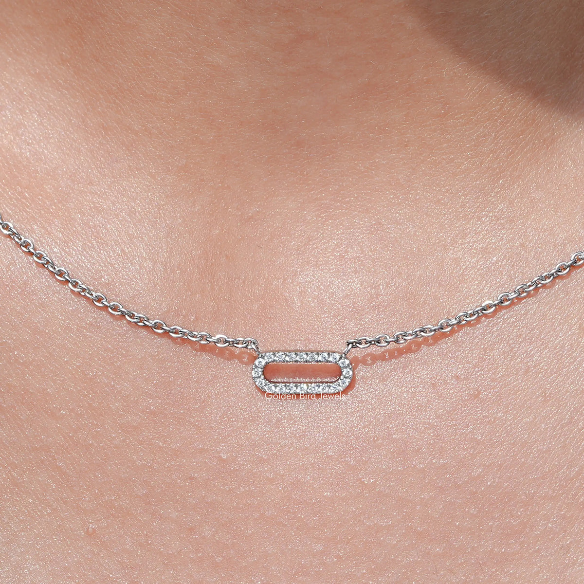 Close up view of Round Lab Grown Paperclip Diamond Pendant