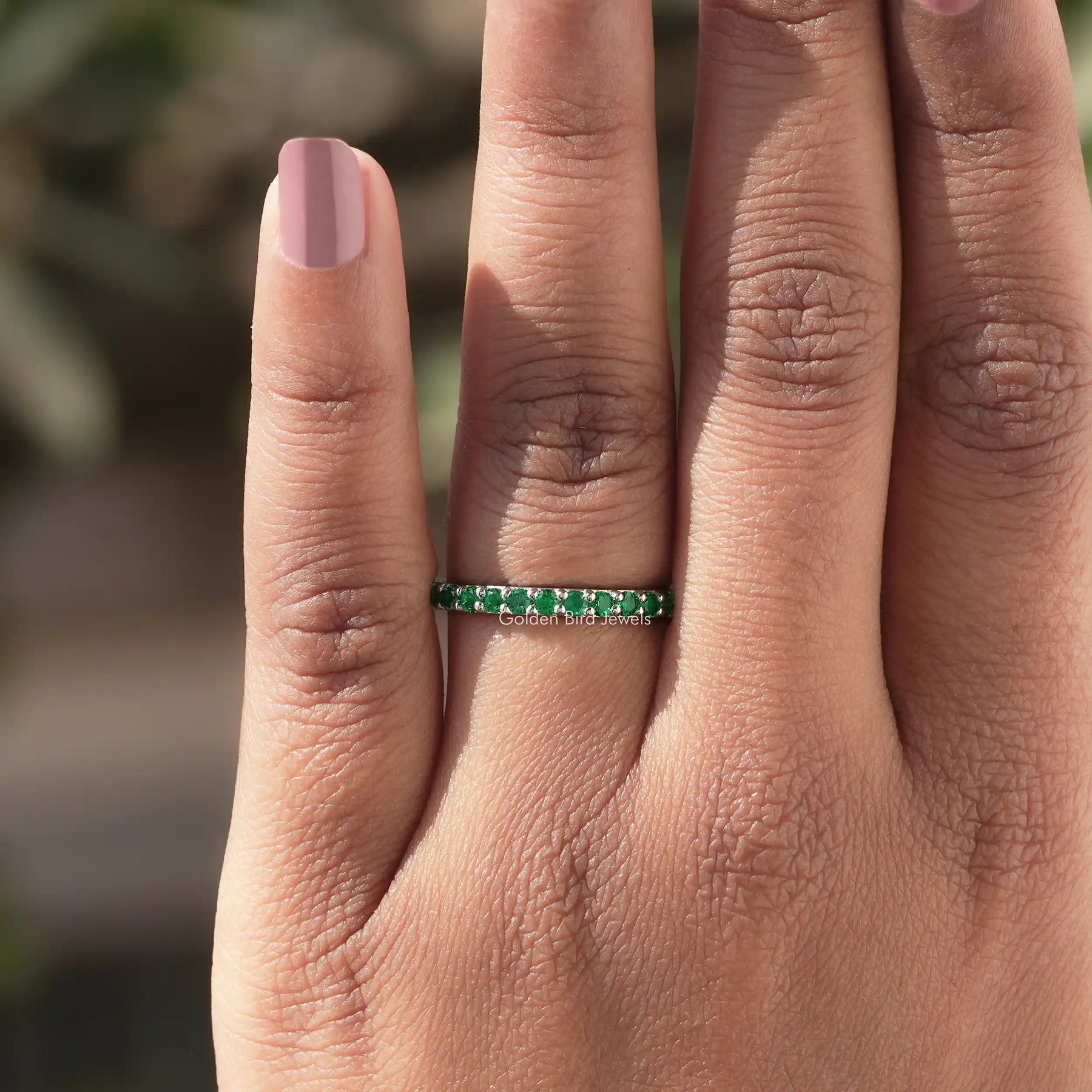 May Birthstone Emerald Green Round Eternity Band