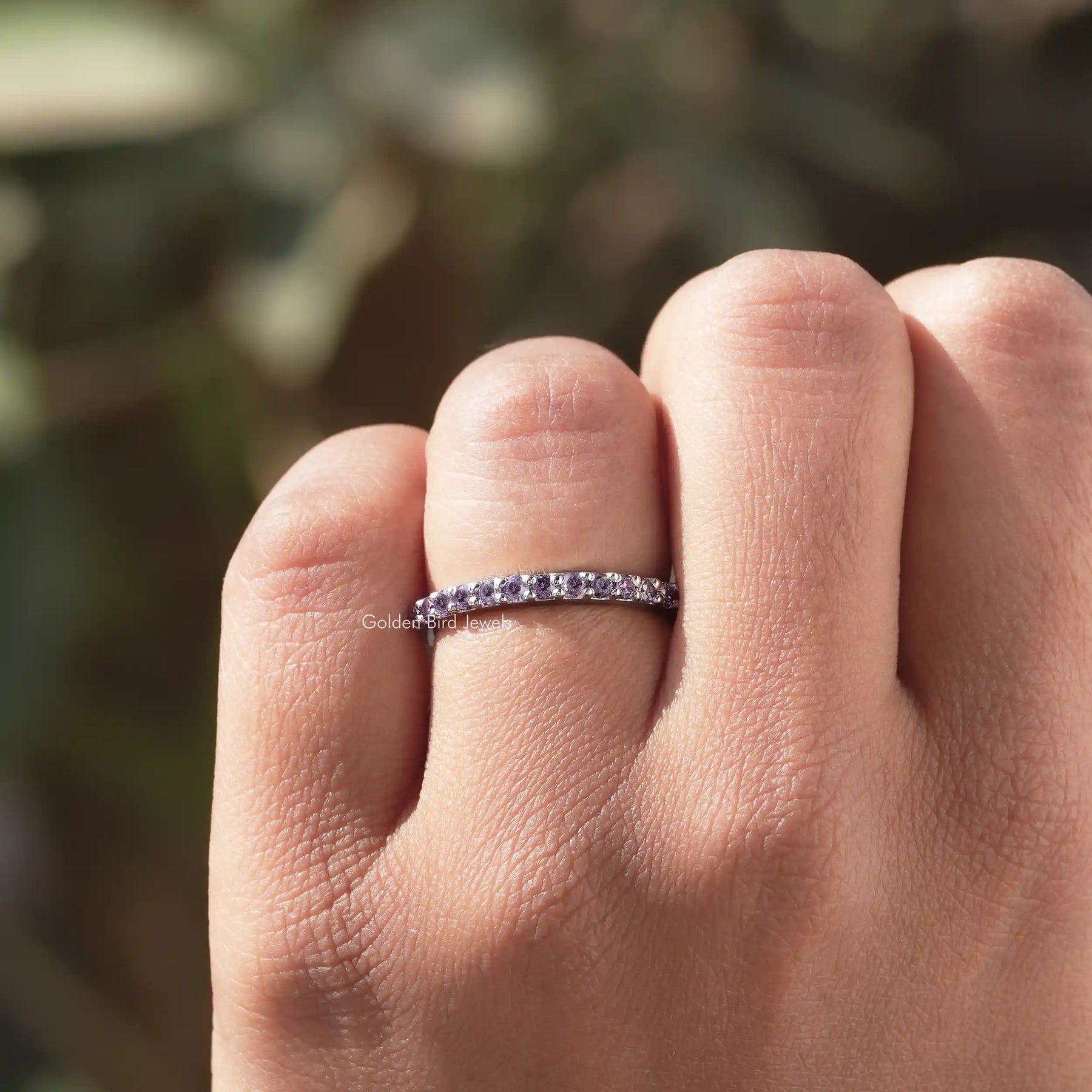 Close view of Blue Round Cut Moissanite Solitaire Ring
