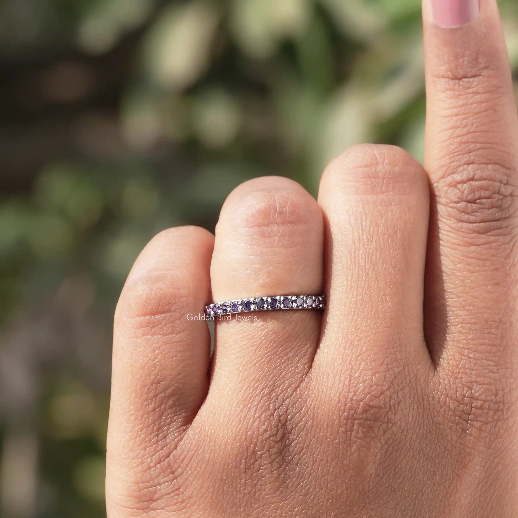 Close view of Purple Amesthyst Round Gemstone Half Eternity Band