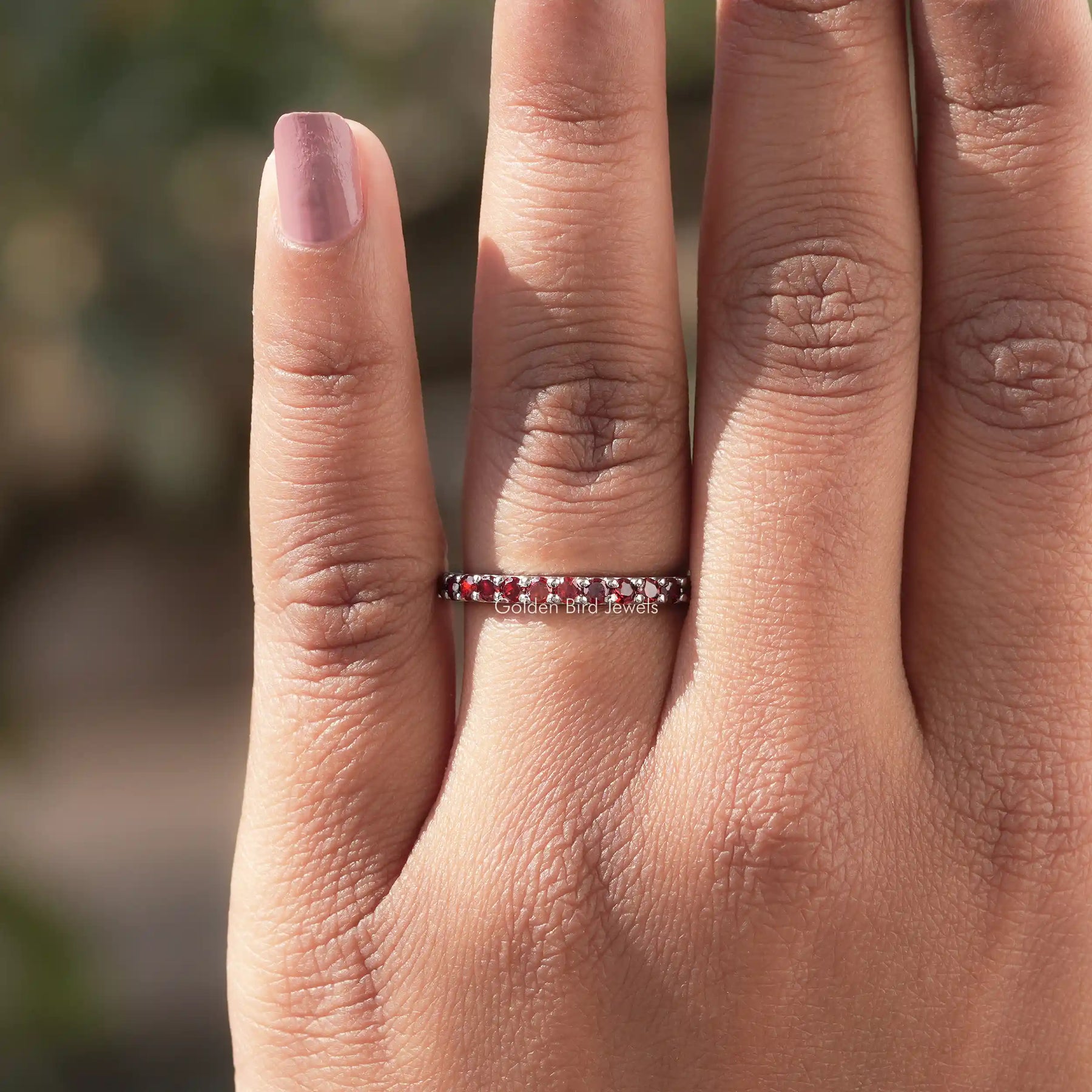 Close view of Round Cut Moissanite Eternity Band