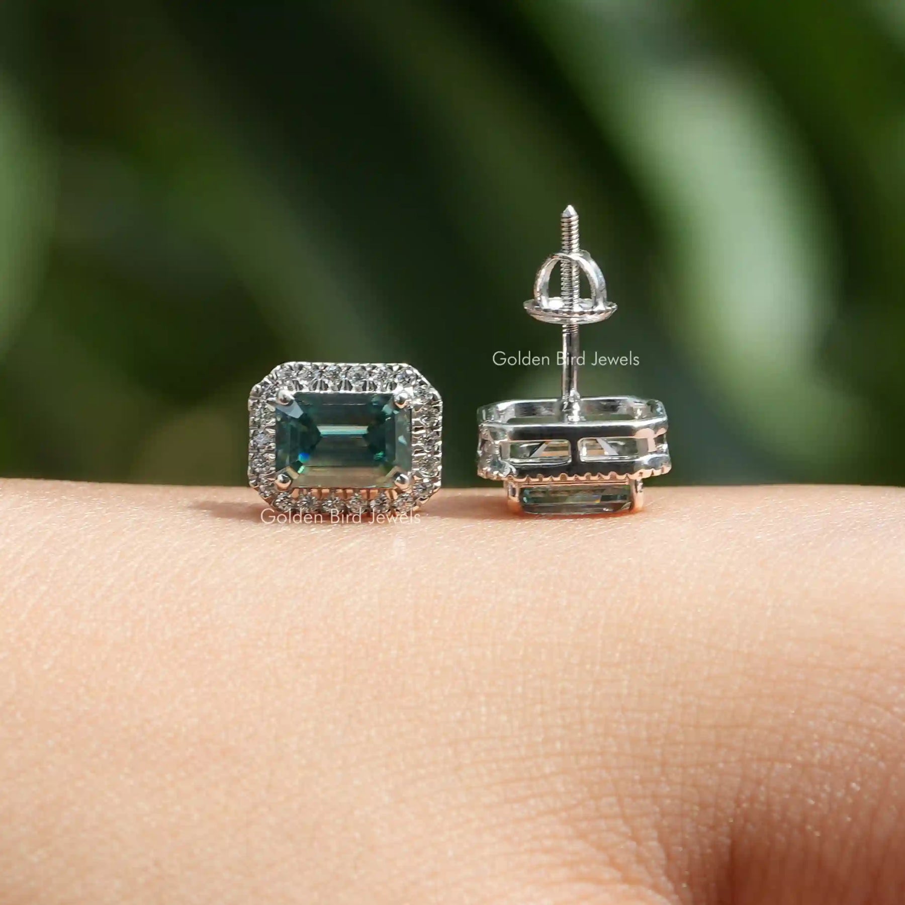 front and back view of moissanite stud earrings