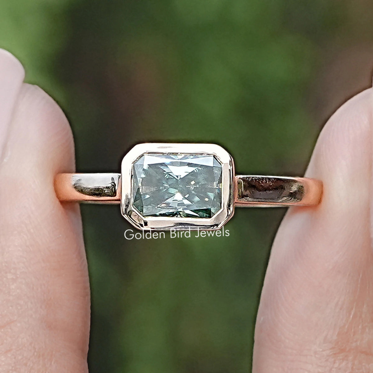 Front view of Green Radiant Moissanite Solitaire Engagement Ring