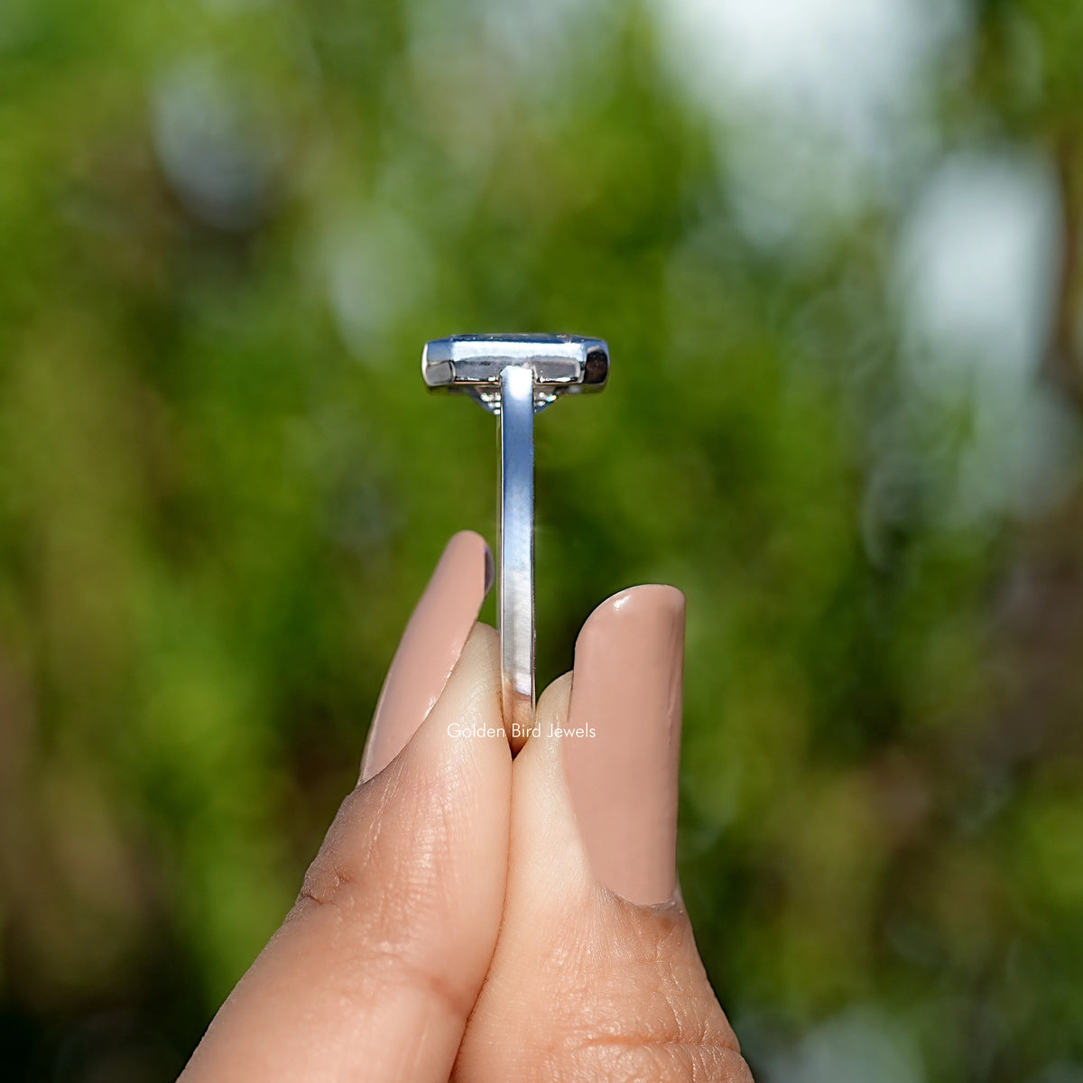 Grey Emerald Cut Moissanite Solitaire Ring