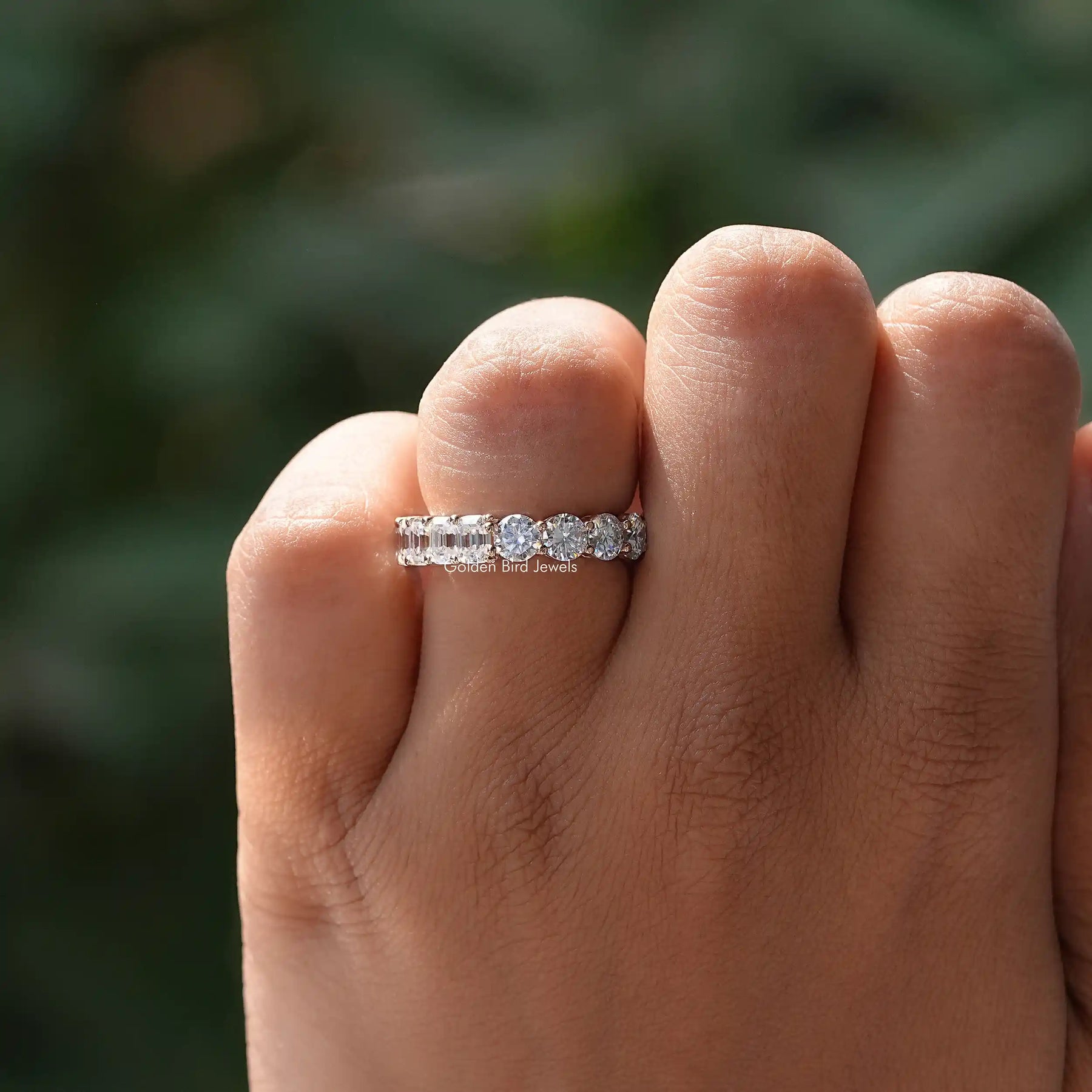 Half Emerald & Round Cut Moissanite Band