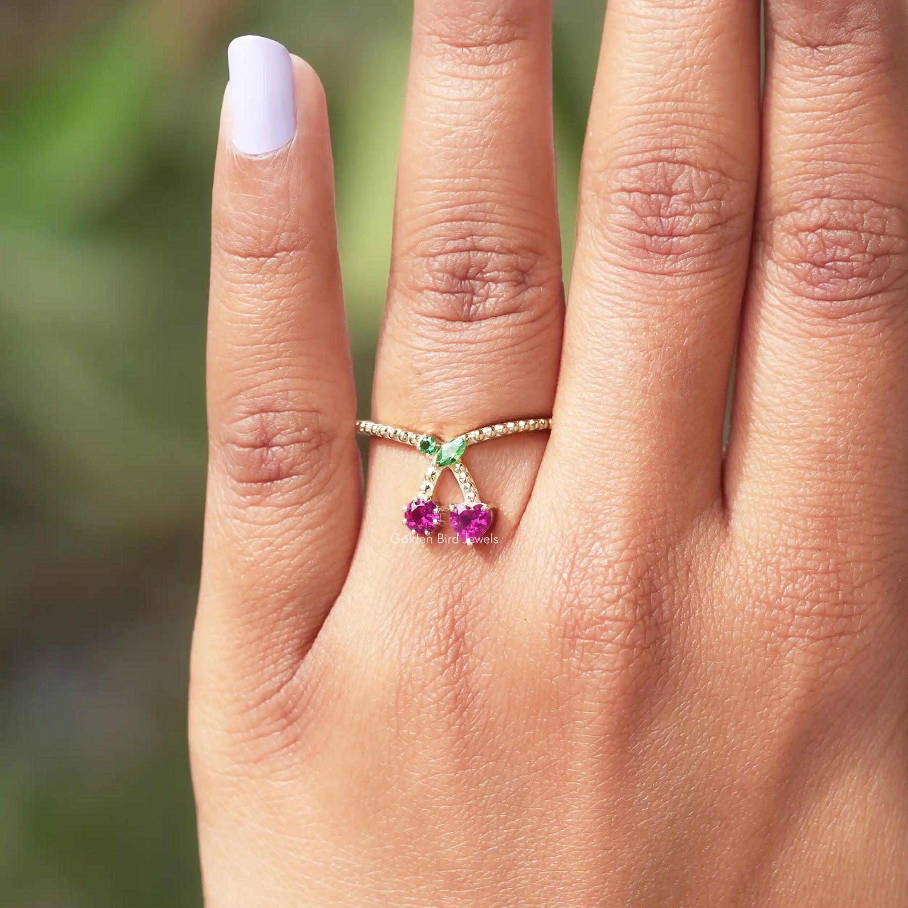 View of Round Cut Red Ruby Gemstone Cherry Ring