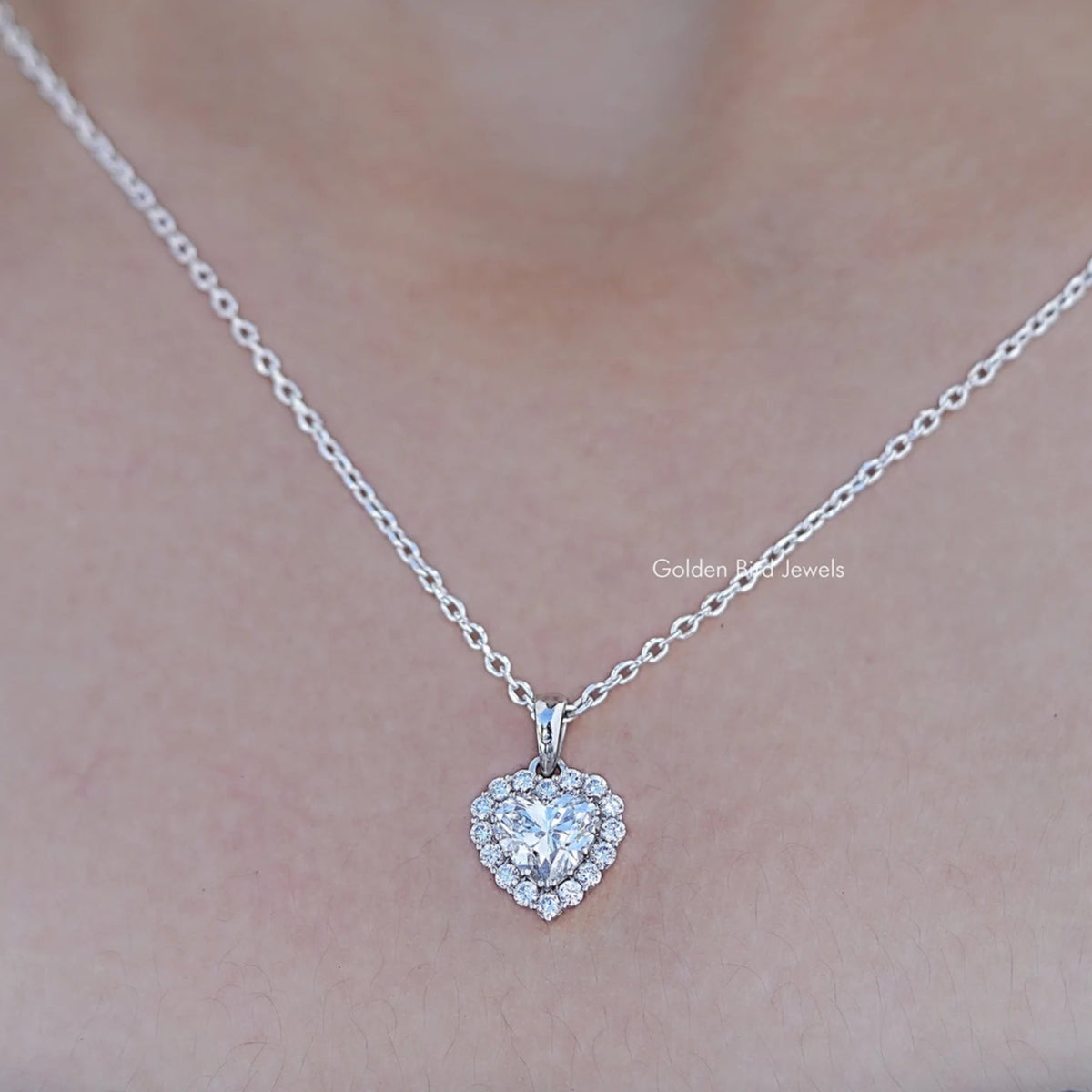 Close up view of Heart Shaped Lab Diamond Halo Pendant