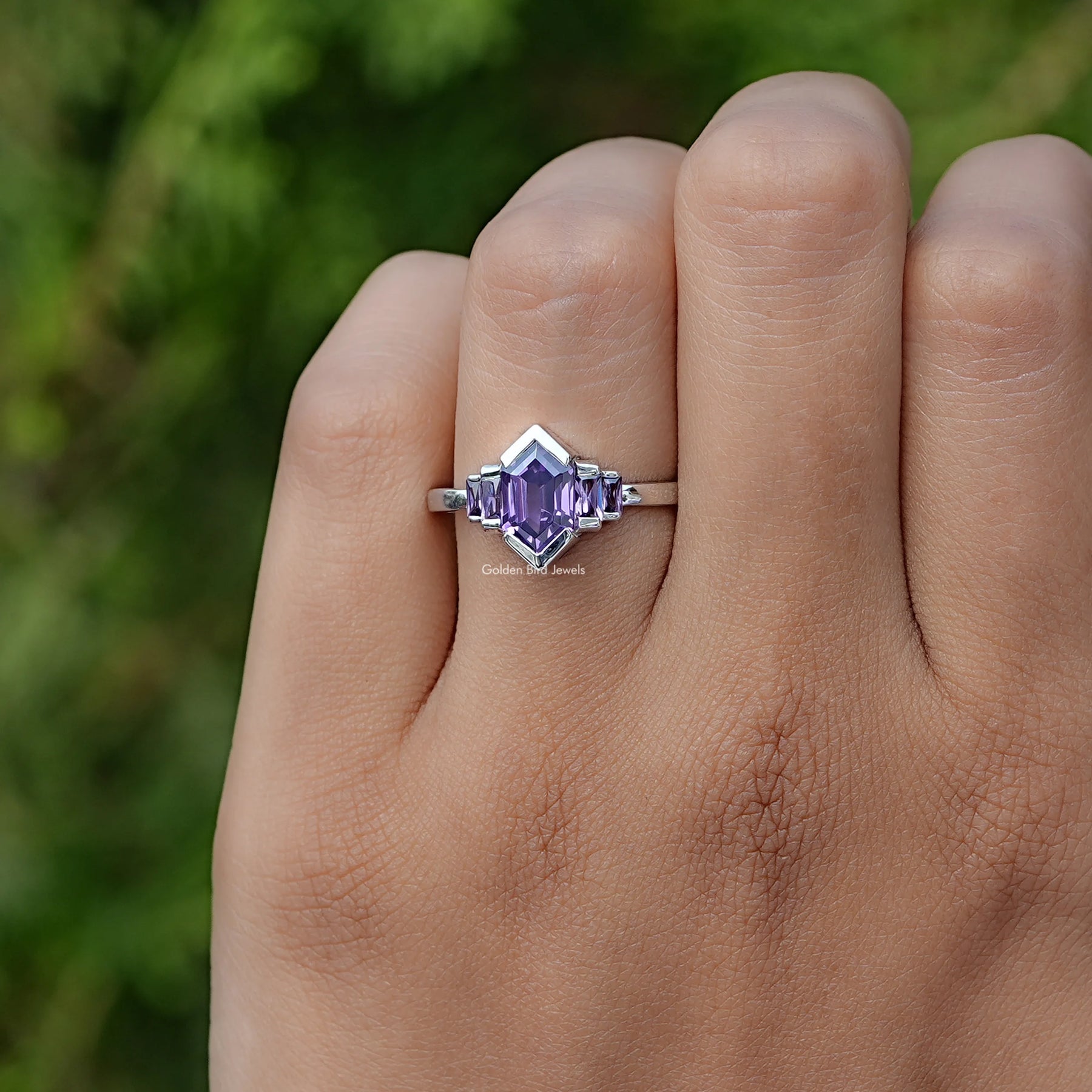 In Finger front view of Amethyst Hexagon Gemstone Bezel Ring In White Gold