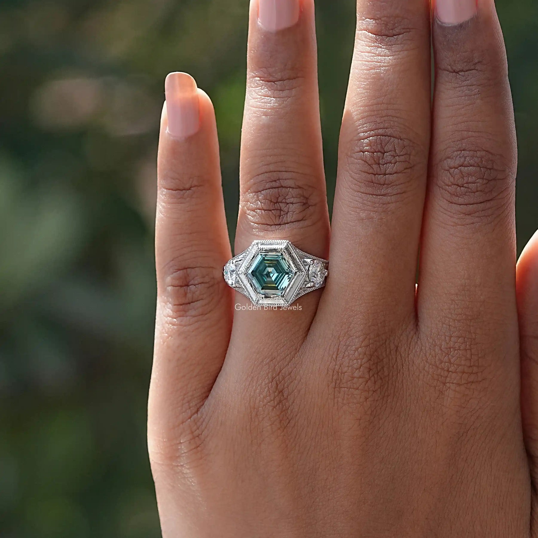 Hexagon Moissanite Three Stone Engagement Ring