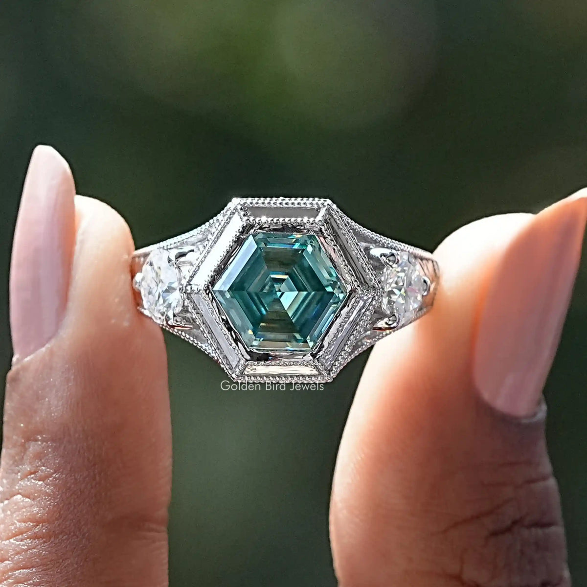 Hexagon Moissanite Three Stone Engagement Ring