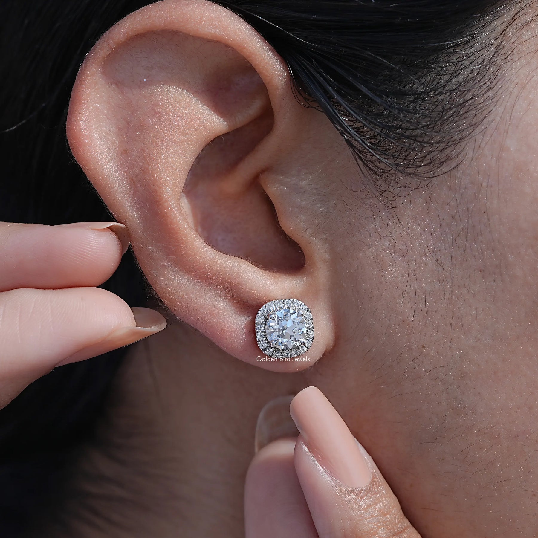 Front View of Old Round Cut Halo Diamond Earrings In Ear's