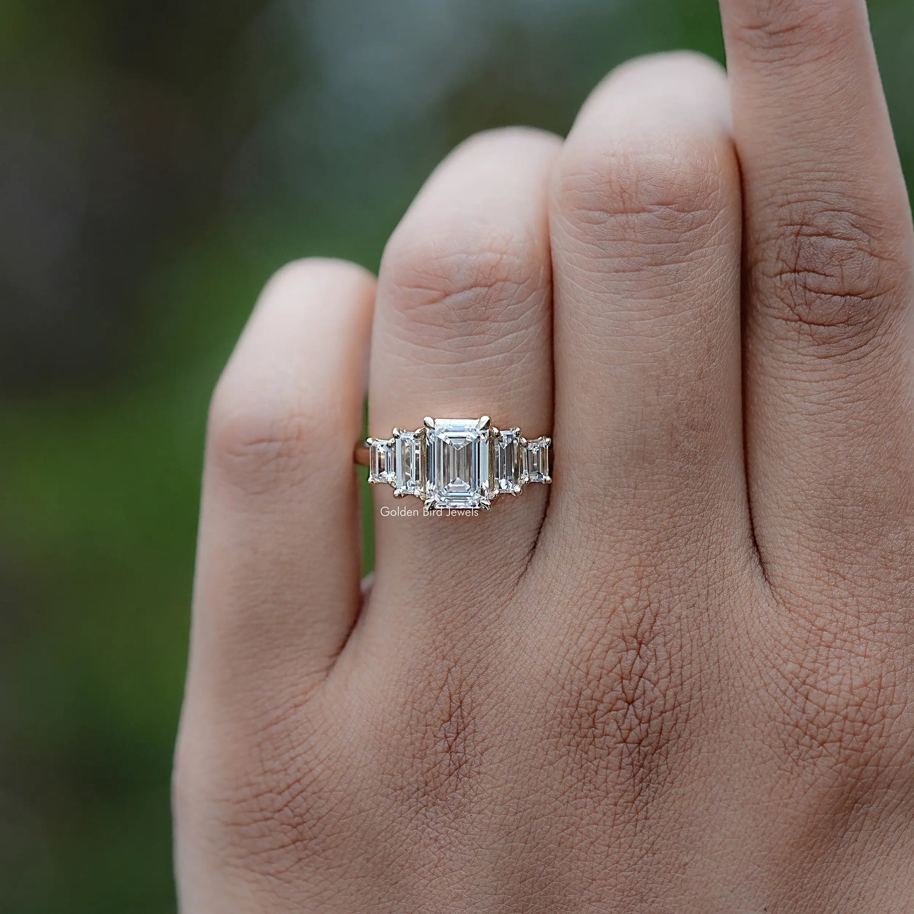 Emerald And Baguette Lab Diamond Five Stone Ring
