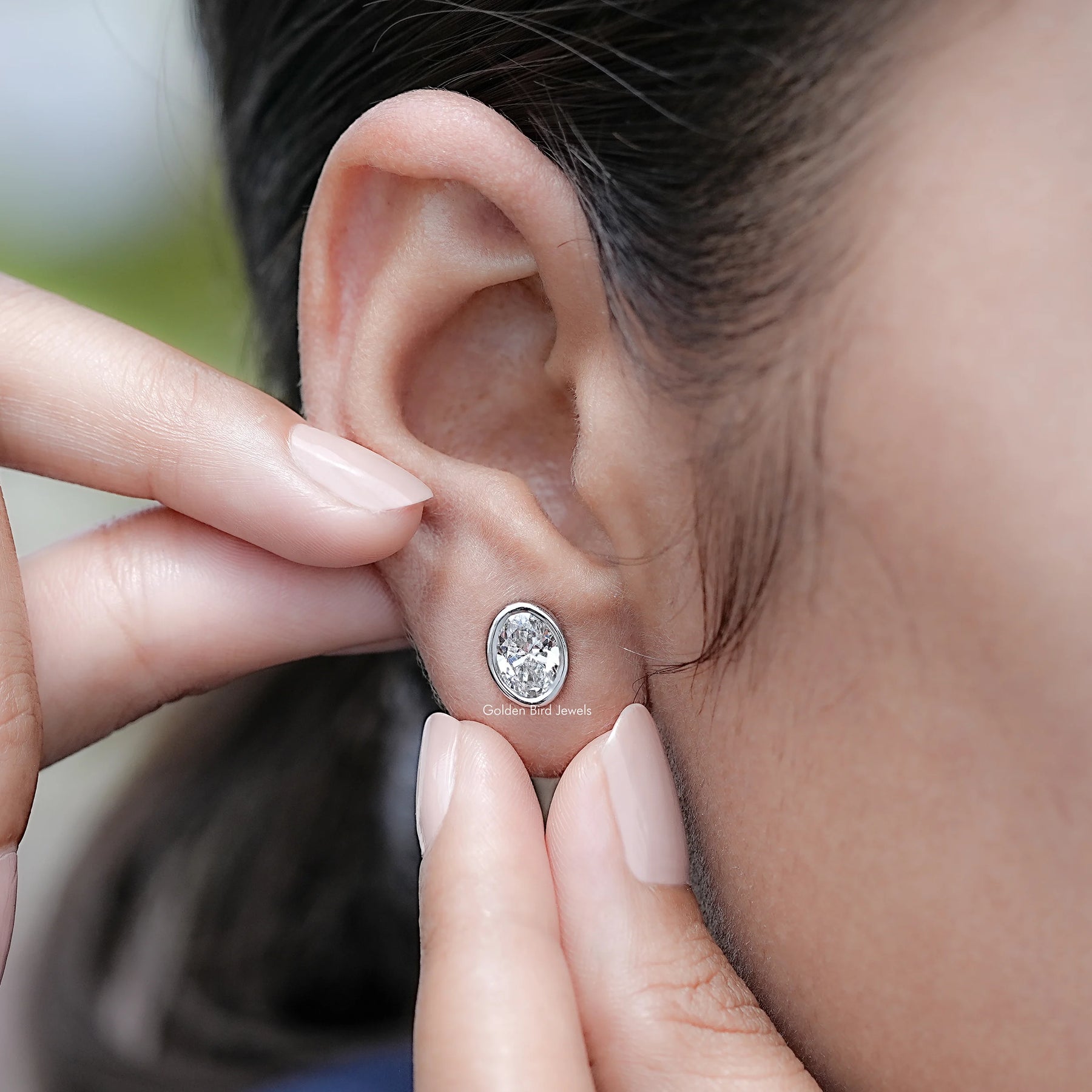 Bezel Set Oval Lab Diamond Stud Earrings