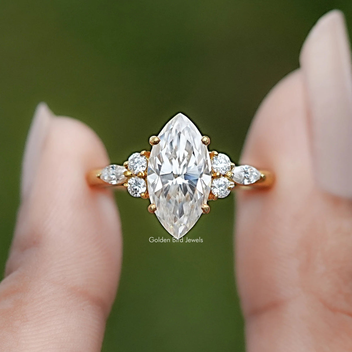 Front view of Marquise Cut Moissanite Accent Stone Ring