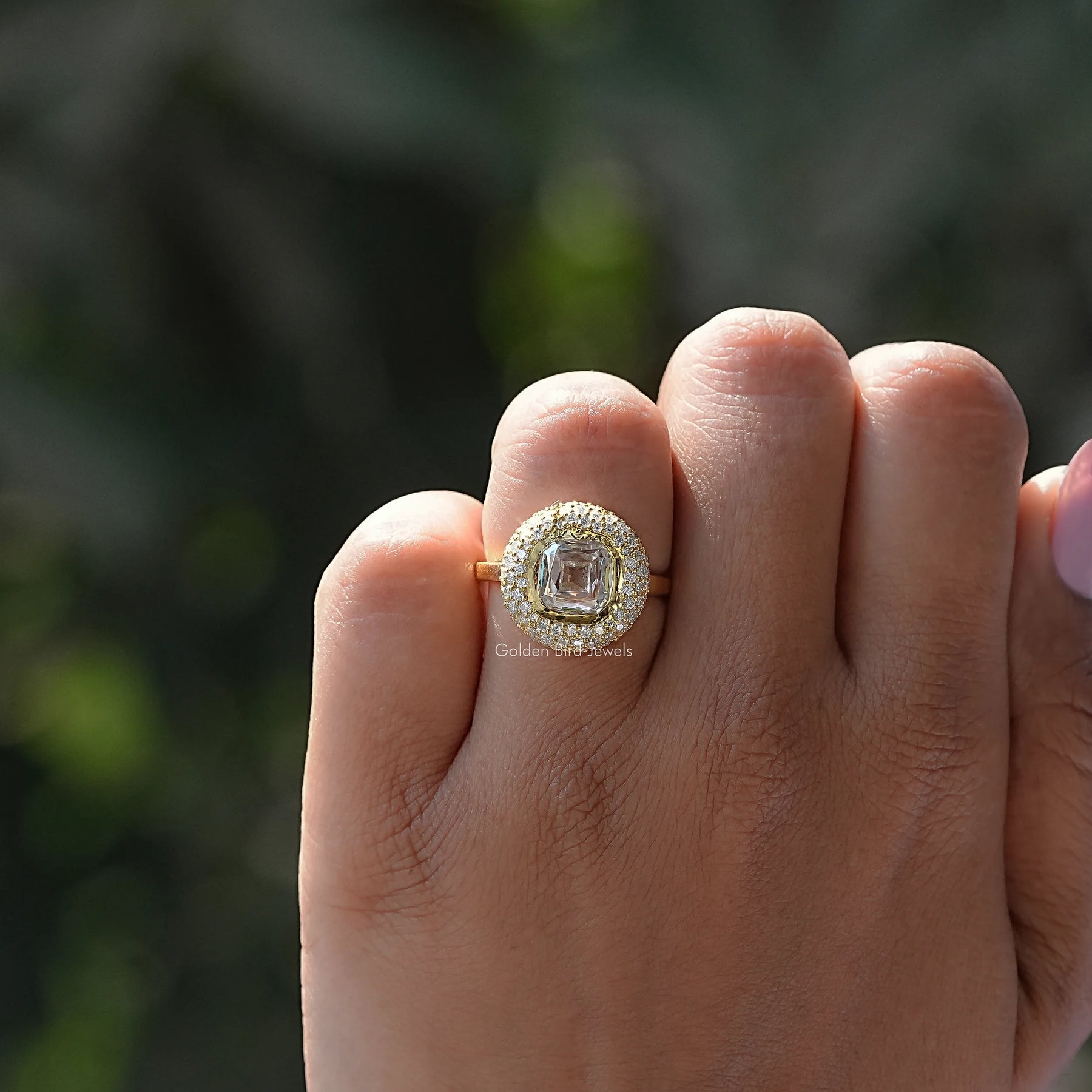 Mazarin Cut Moissanite Halo Engagement Ring