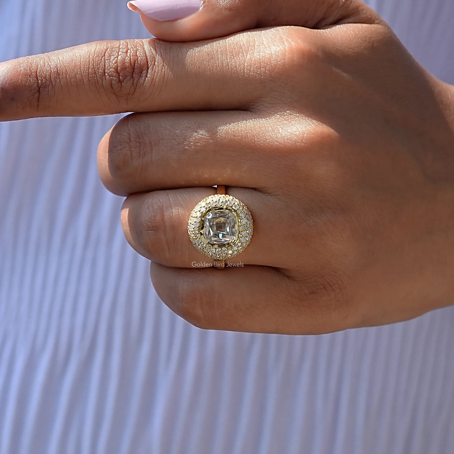 Mazarin Cut Moissanite Halo Engagement Ring