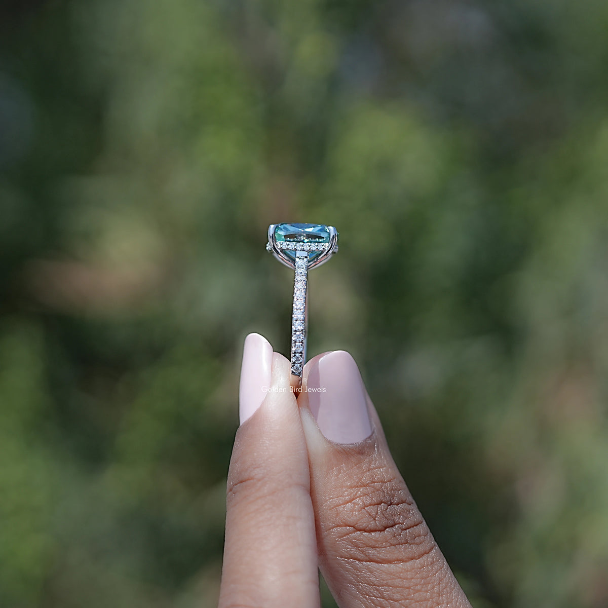 Elongated Cushion Cut Moissanite Hidden Halo Ring