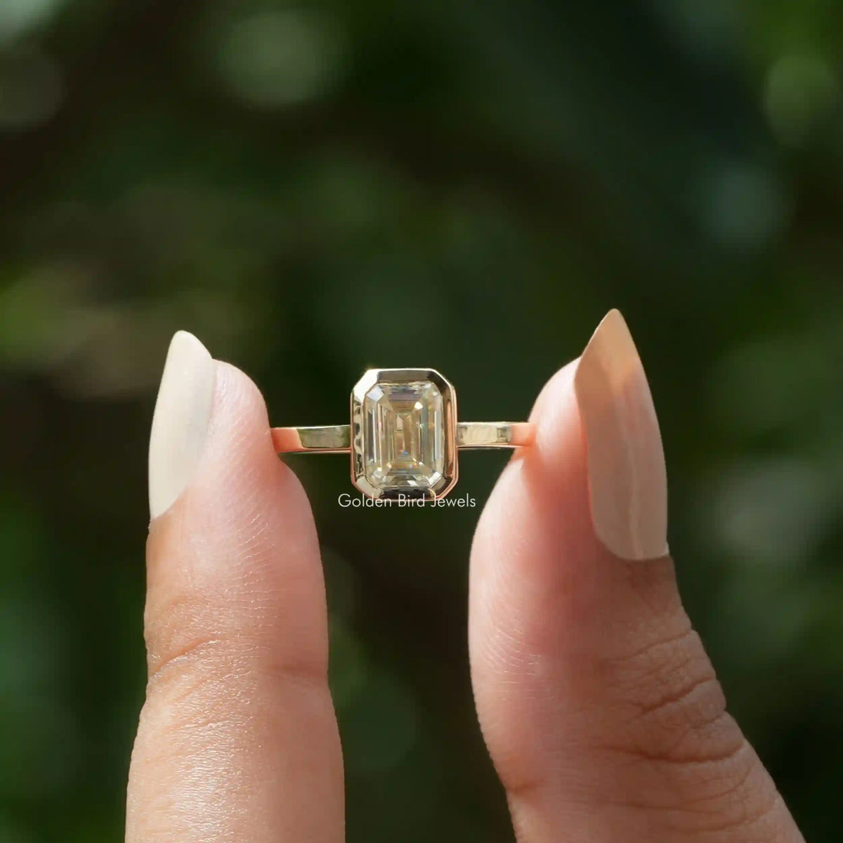 [Bezel Set Moissanite Emerald Cut Yellow Gold Ring]-[Golden Bird Jewels]