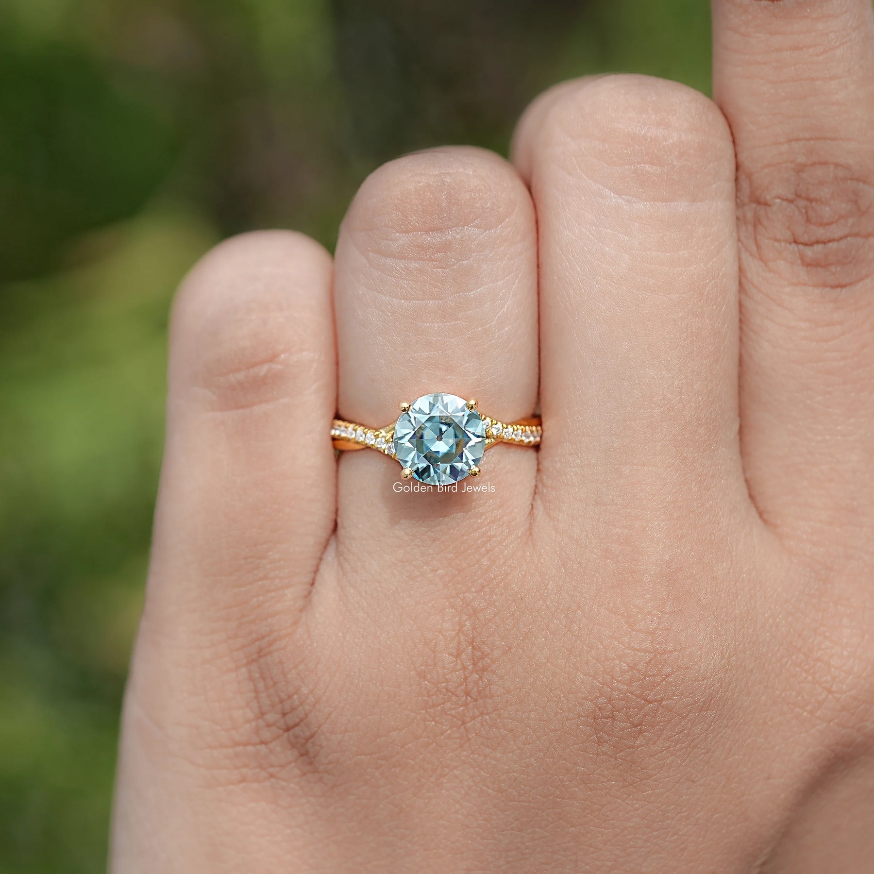 Cyan Blue Old European Round Moissanite Ring