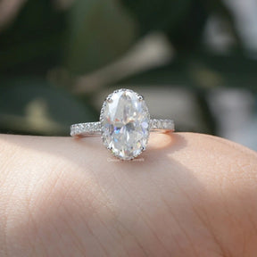 [Moissanite oval cut engagement ring with round cut accent stones]-[Golden Bird Jewels]
