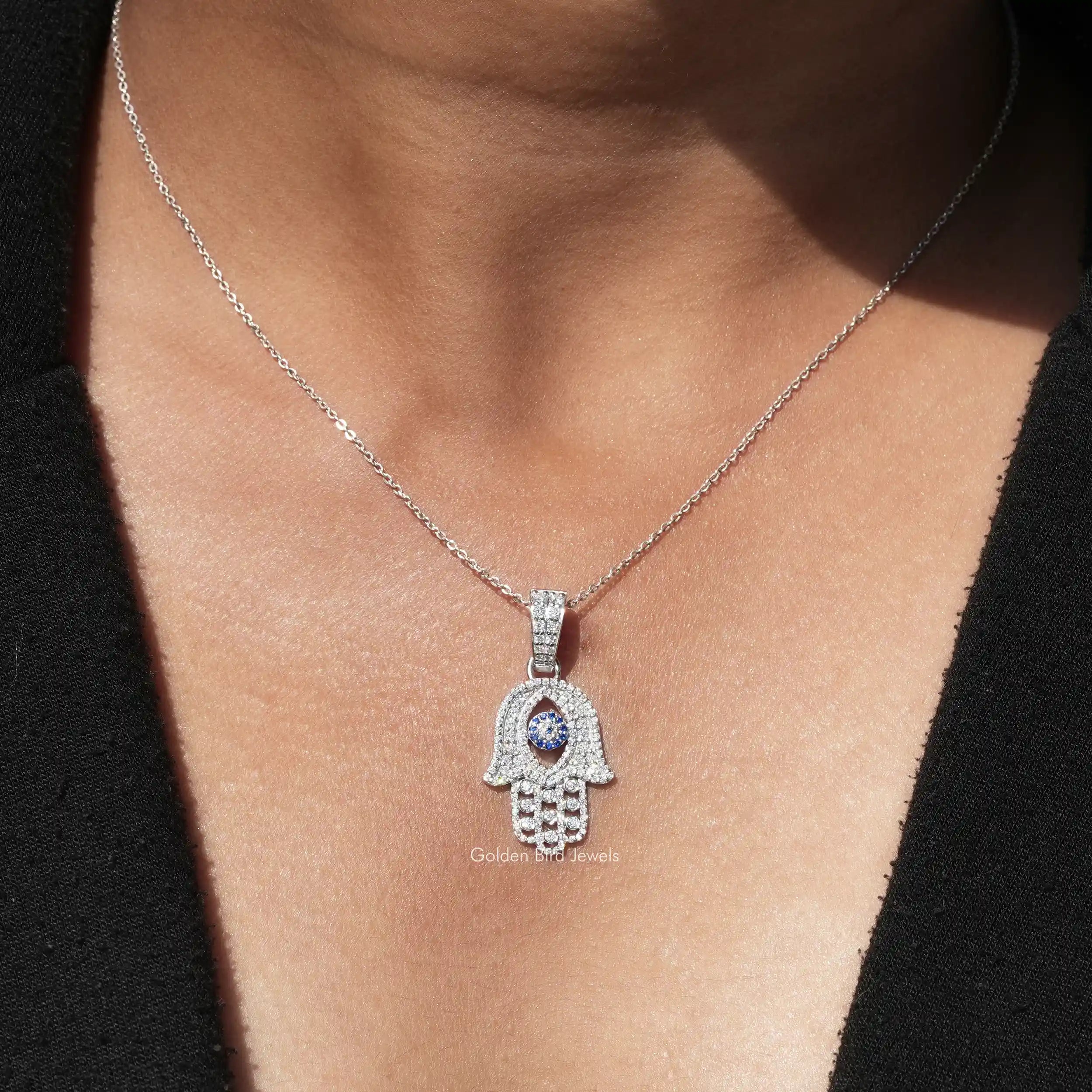 Moissanite Round Cut Hamsa Hand Evil Eye Pendant