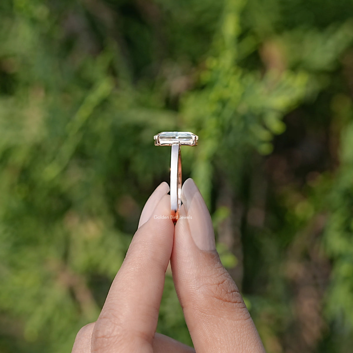 Side View of Portrait Cut Hexagon Moissanite Ring