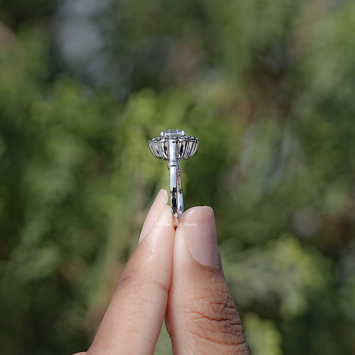 Side View of Round Moissanite Halo Ring