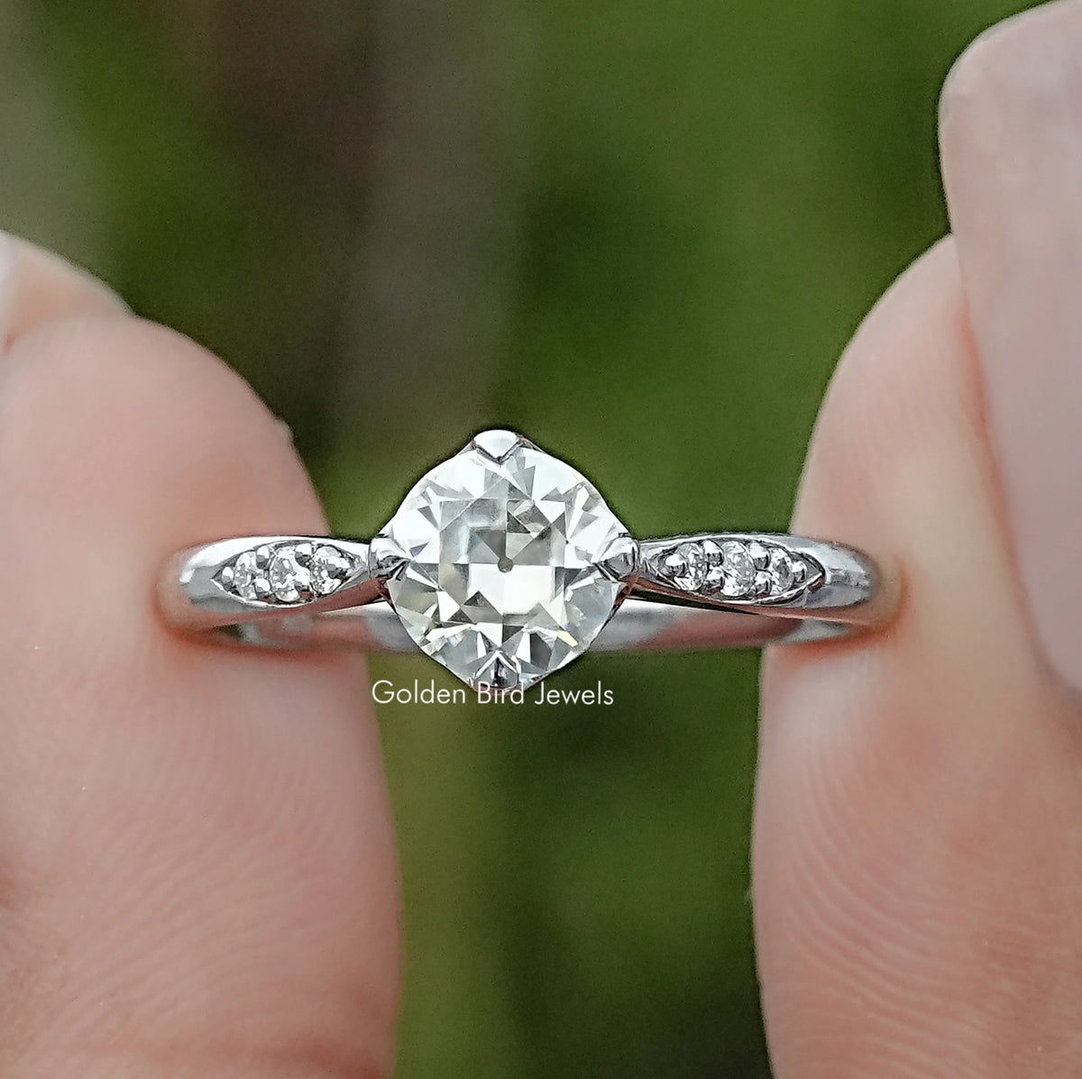Front view of Old European Round Moissanite Solitaire Ring