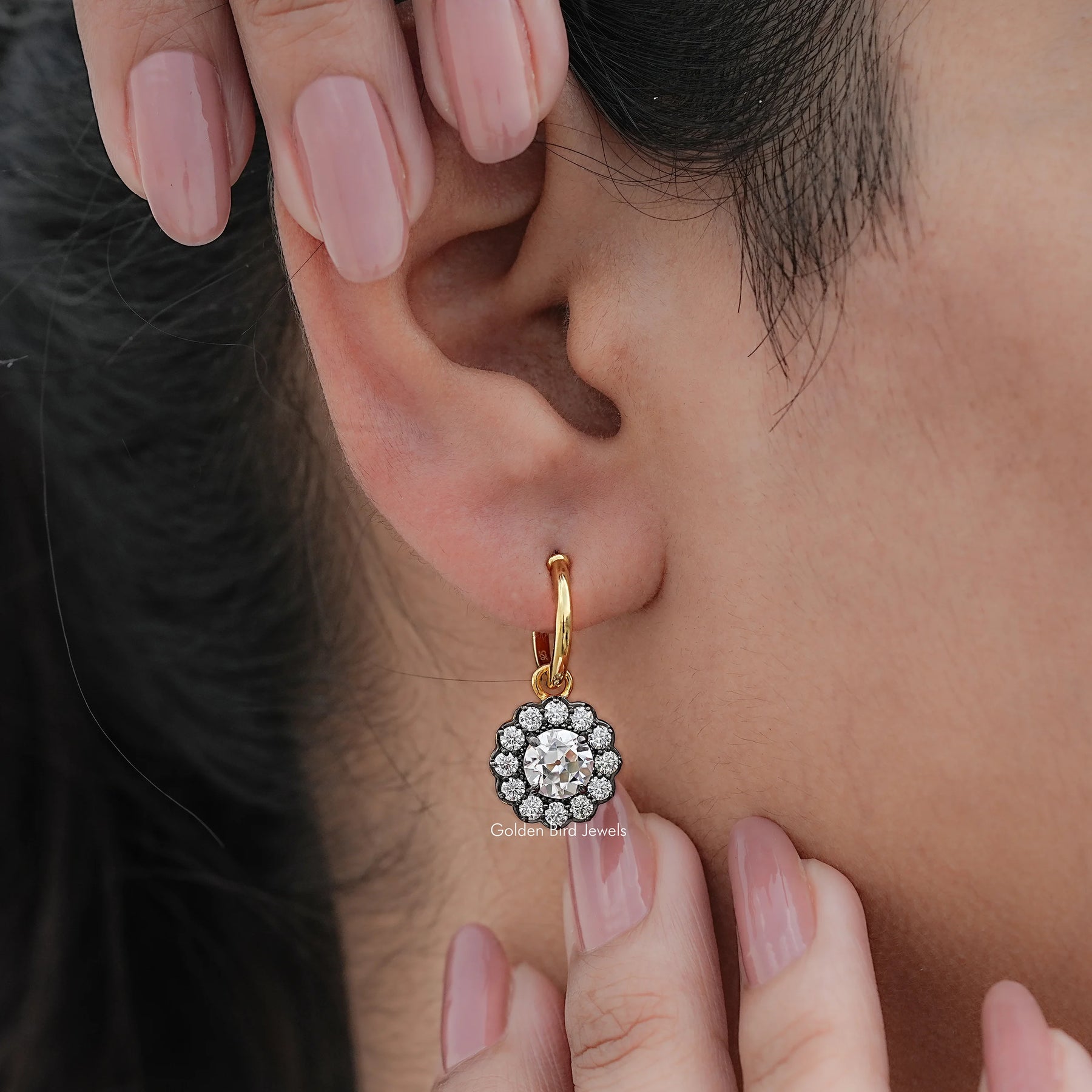 Old European Round Moissanite Halo Dangle Earrings