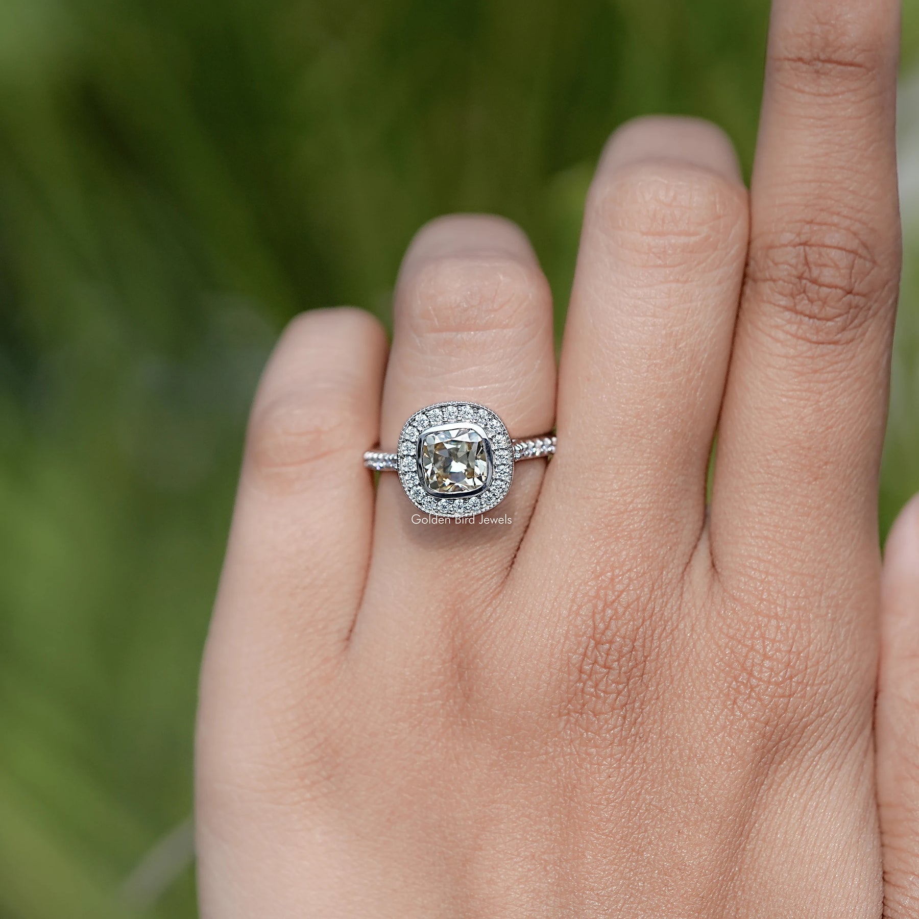 Moissanite Old Mine Cushion Halo Engagement Ring