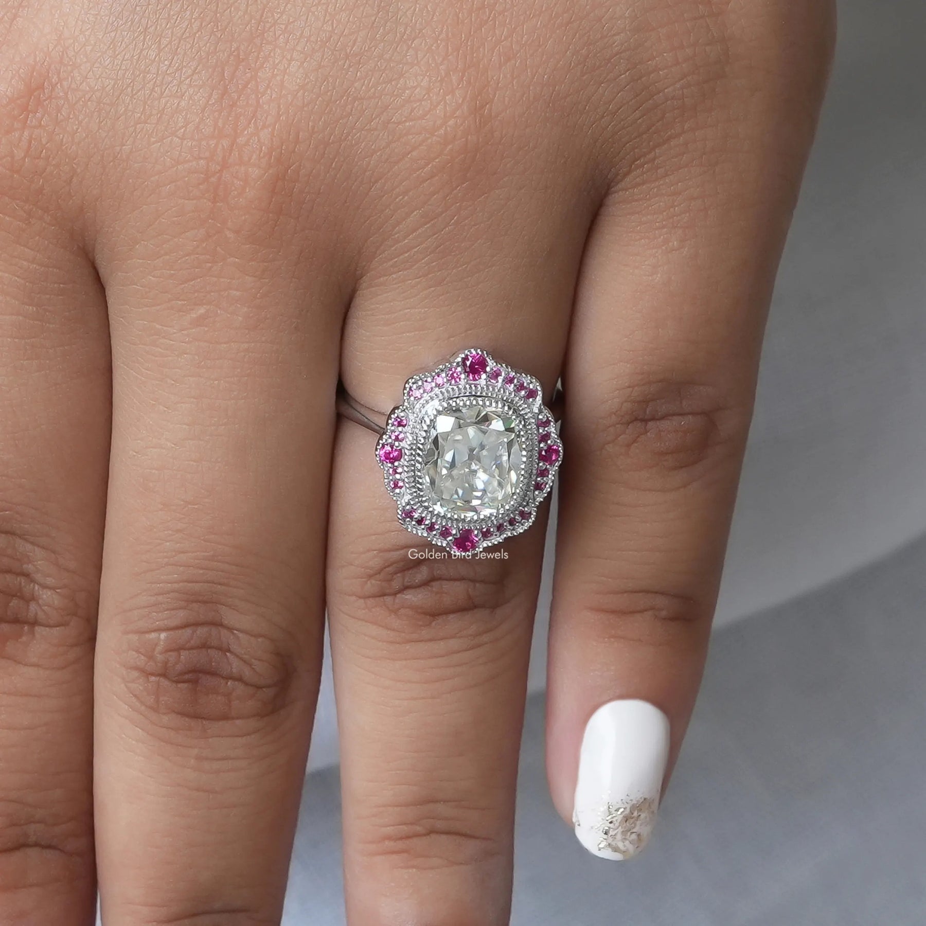 Close-Up View of Old Mine Cushion Cut Ring In White Gold