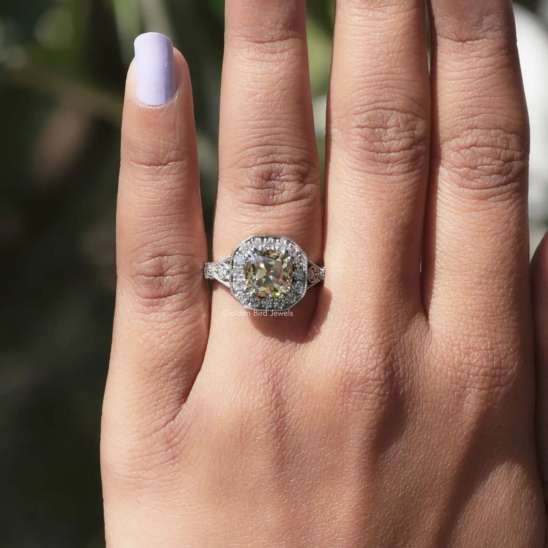 Yellow Old Mine Cushion Moissanite Halo Accent Ring