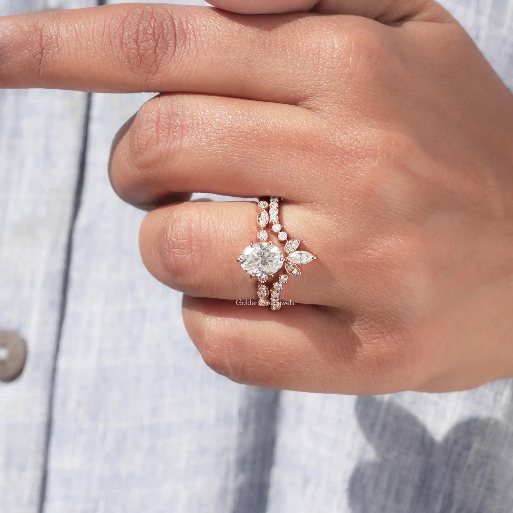 View of Oval Cut Moissanite Bridal Ring Set In Yellow Gold