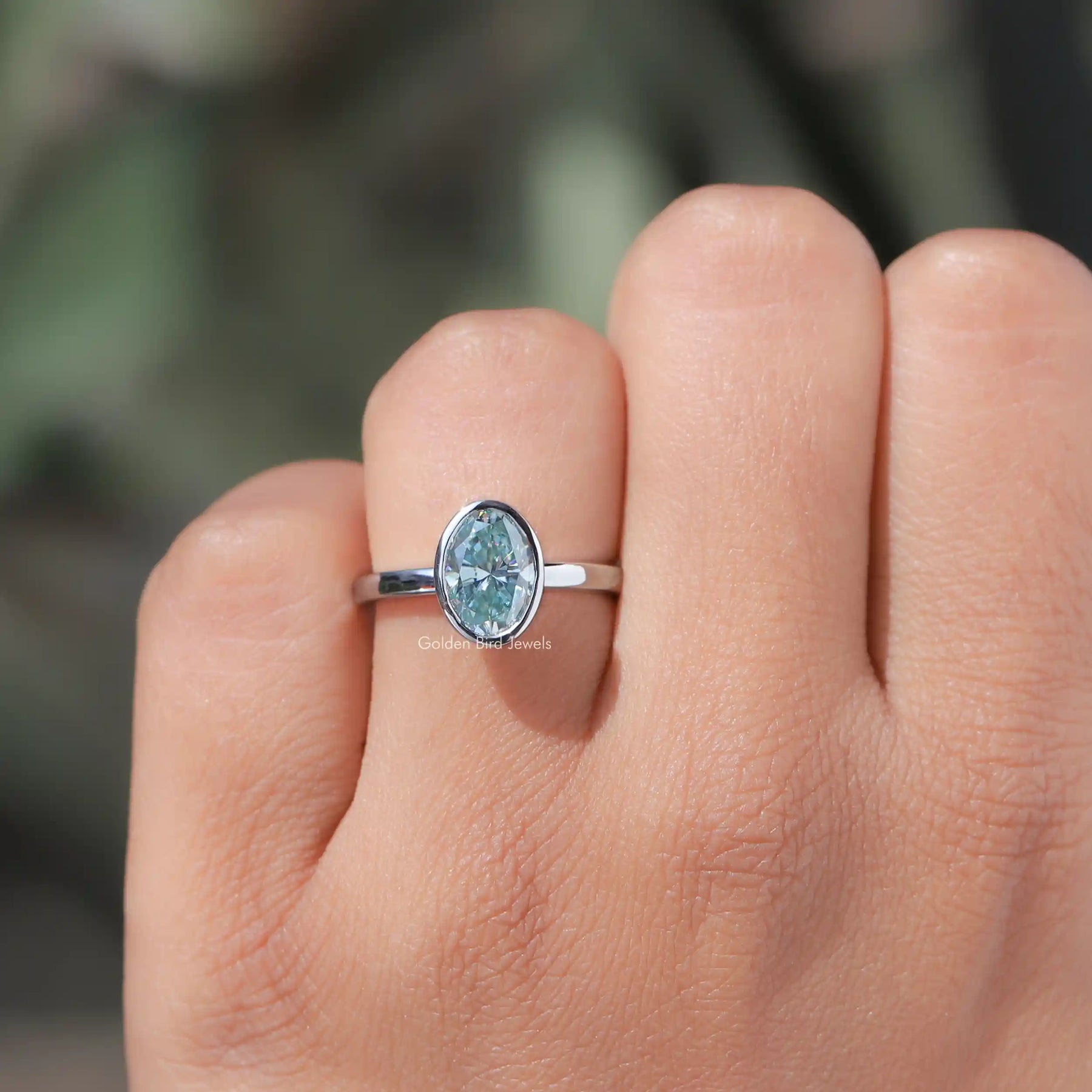 Oval Cut Moissanite Bezel Set Solitaire Engagement Ring