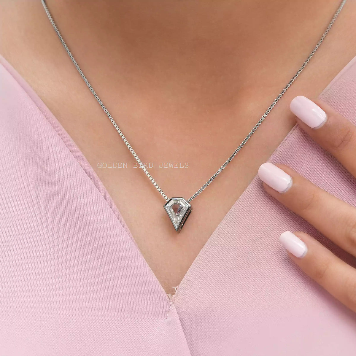 In neck front view of moissanite pentagon pendant