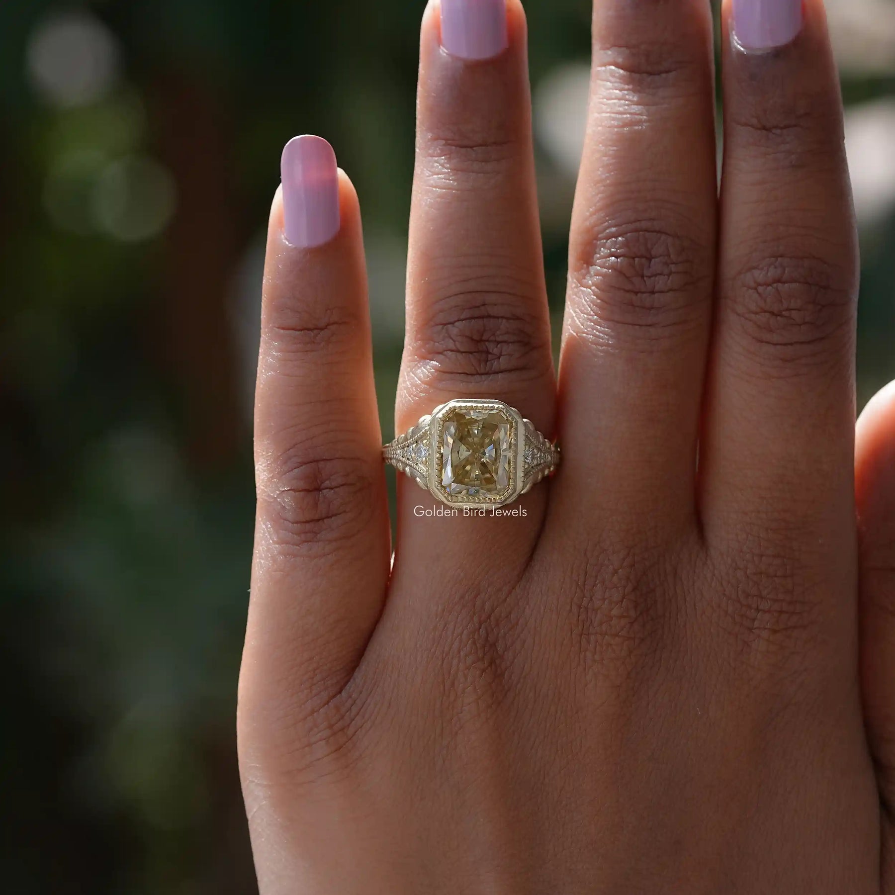 Detailed View Of Radiant And Round Cut Moissanite Accent Stone Ring In White Gold