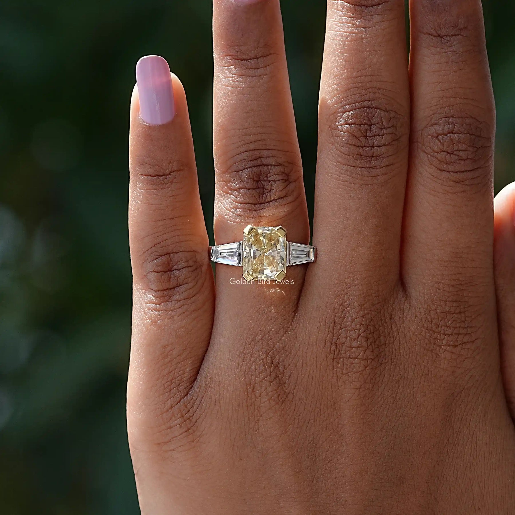 Detailed View Of Moissanite Radiant Cut Three Stone Ring In White Gold