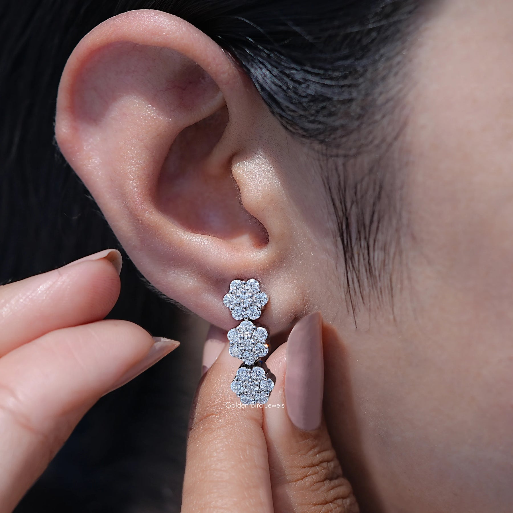 Round Moissanite Flower Style Cluster Earrings