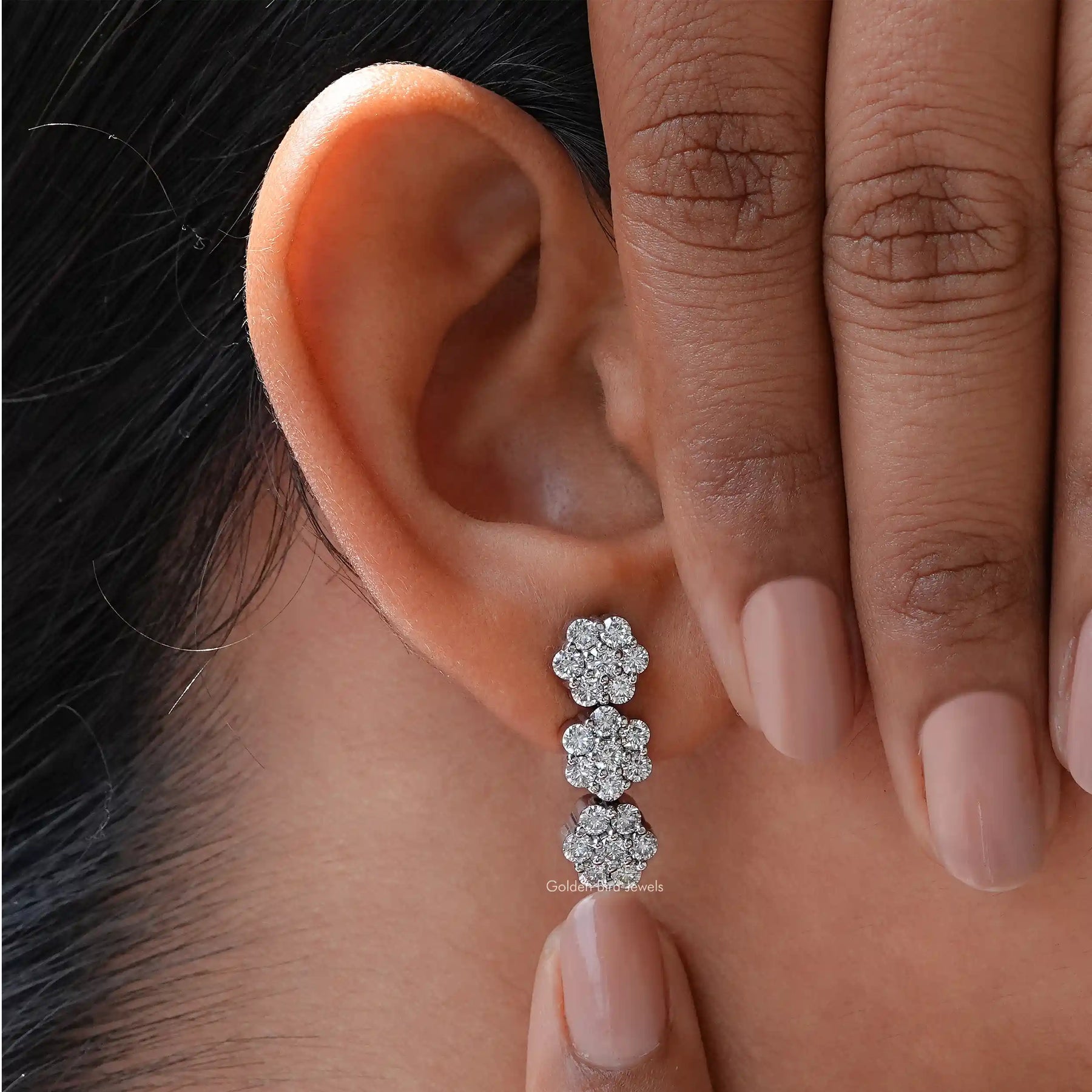3 flower joint moissanite cut stud earrings