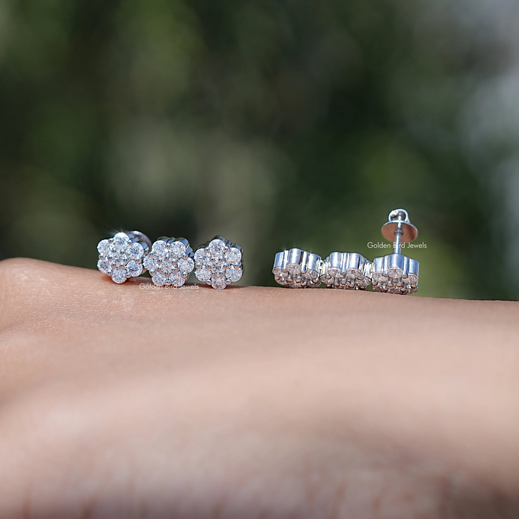 Round Moissanite Flower Style Cluster Earrings