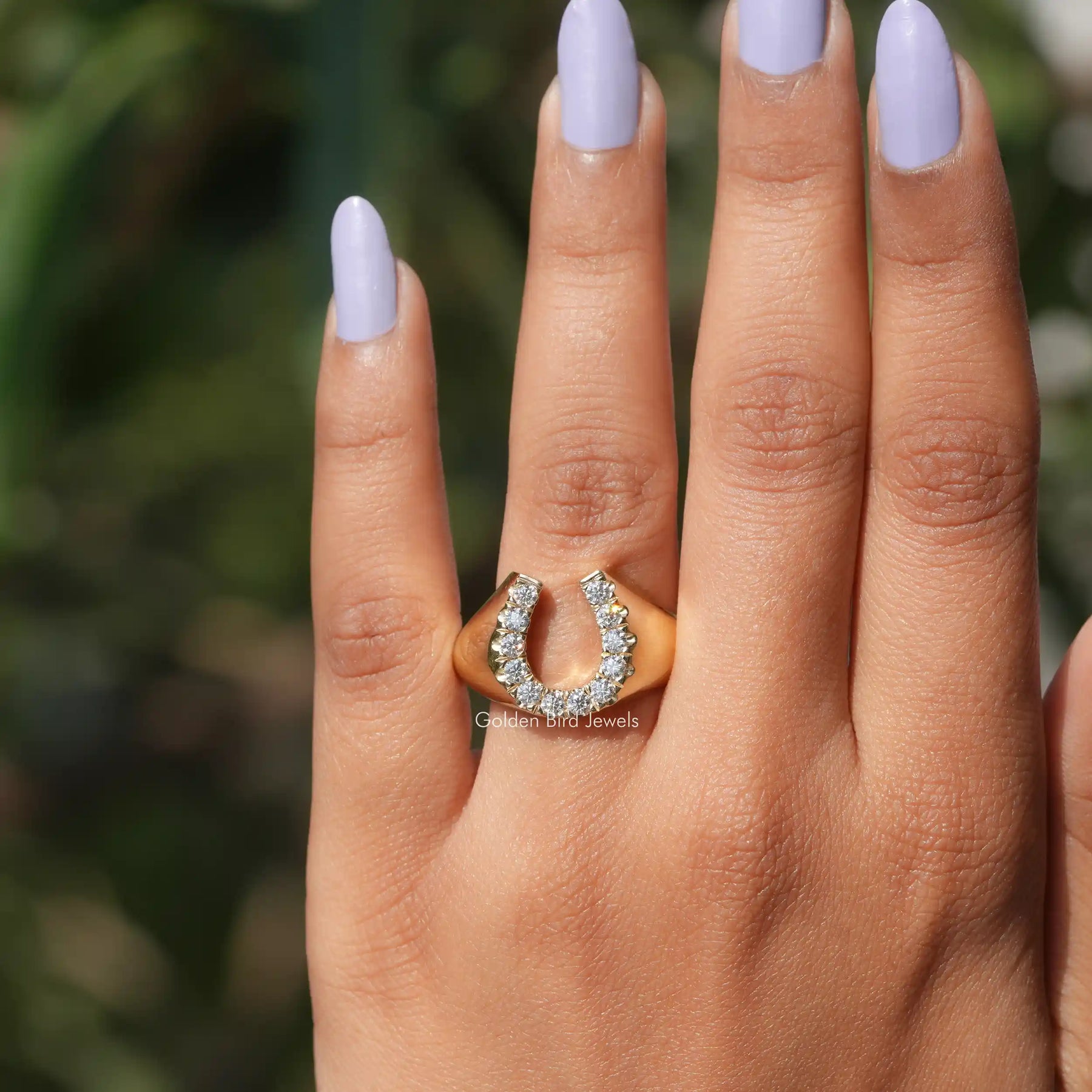 In Finger view of Horseshoe cut moissanite halo Ring