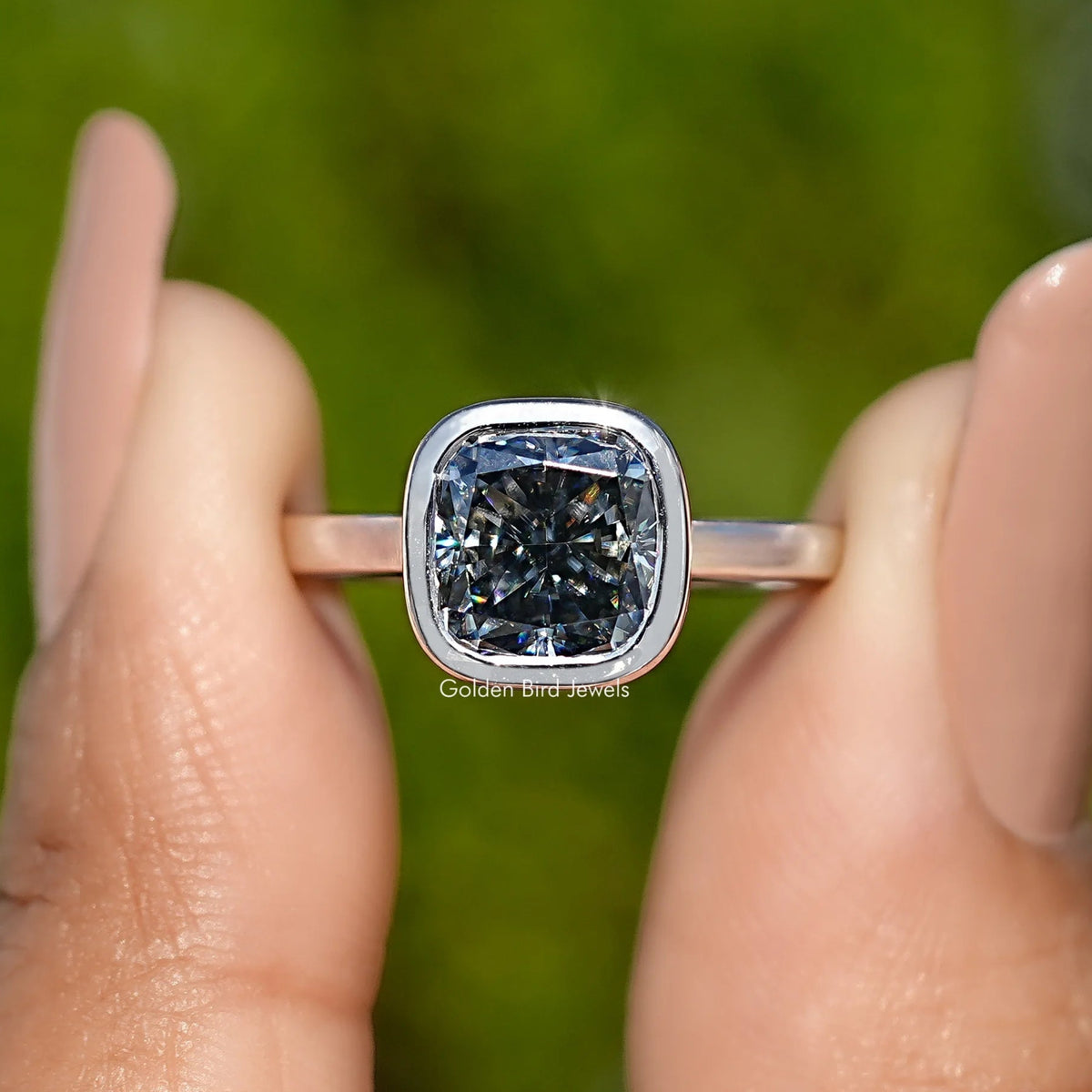 Bezel Set Square Cushion Moissanite Solitaire Ring