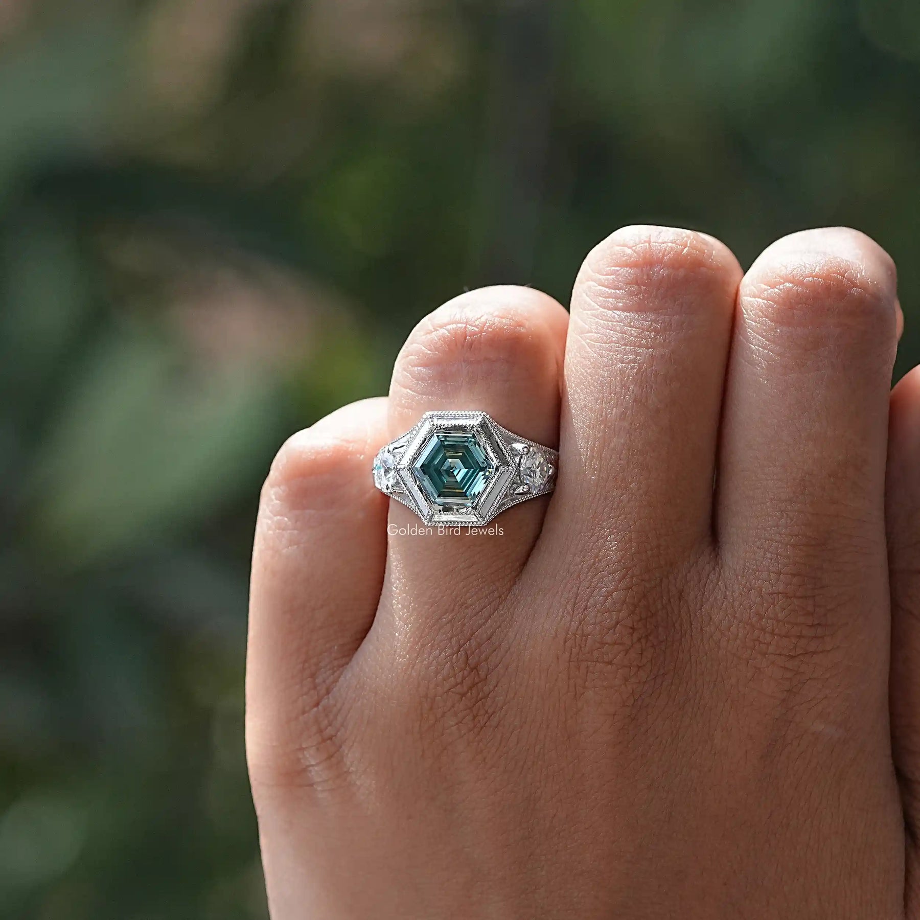 Hexagon Moissanite Three Stone Engagement Ring
