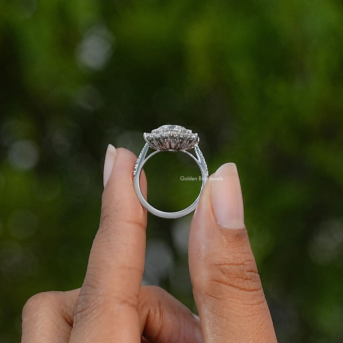 Round Cut Moissanite Halo Accent Engagement Ring