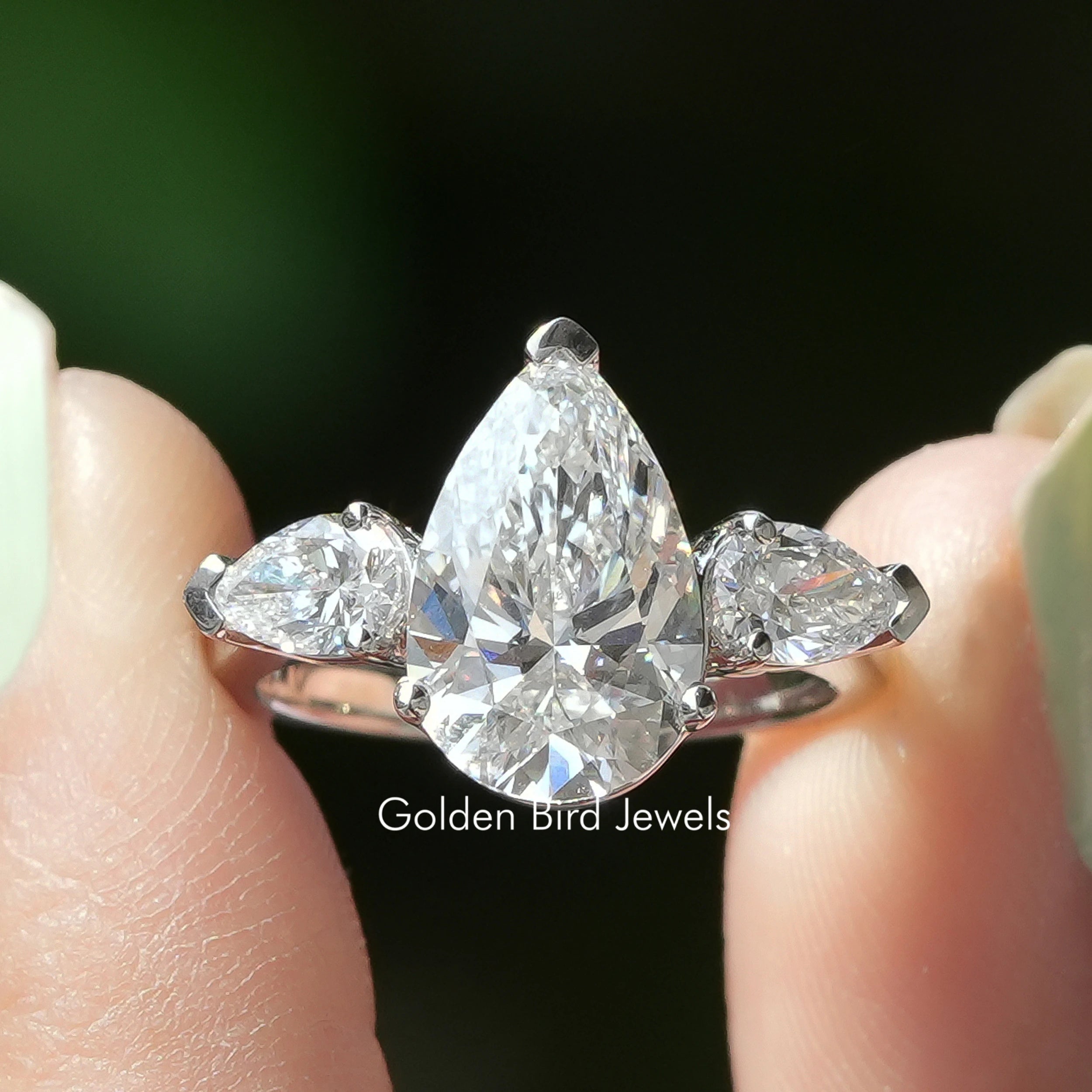 Three Stone Pear Shaped Diamond Engagement Ring - Main Image