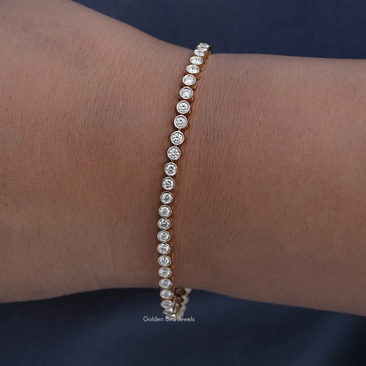 Close up view of Round Cut Lab Diamond Bezel Set Tennis Bracelet